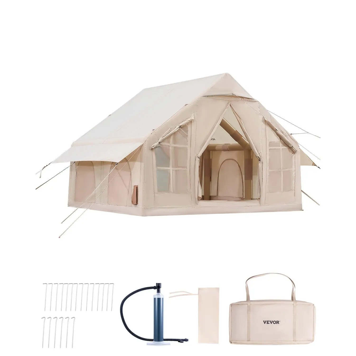 【DealsForYouDays】VEVOR Inflatable Tents for Camping, 4-6 Person Easy Setup Blow up Tent with Hand Pump, 300D Oxford 4 Season Glamping Tent with Stove Jack 2 Doors 4 Mesh Windows, Storage Bag Included for Easy Taking