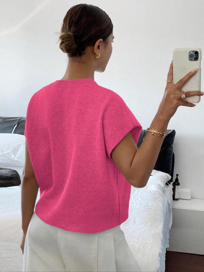 Elegant Round Neck Knit Top for Women, Spring Summer Loose Fit Sweater Vest, Casual Plain Pattern, Stylish Pullover Jacket