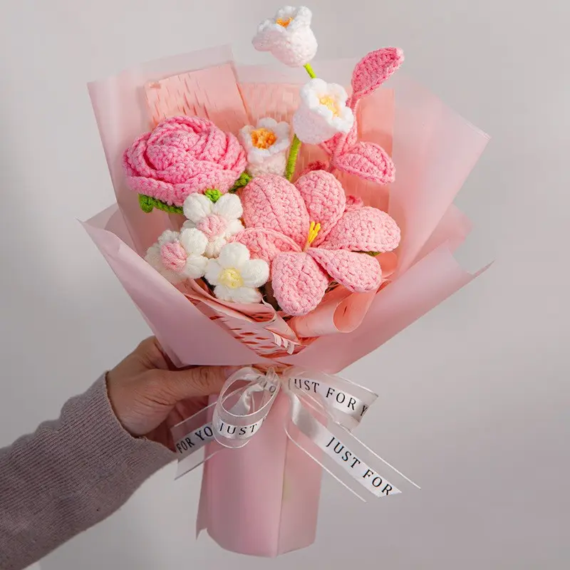 Handmade Crochet Flower Bouquet, Knitted Yarn Mixed Flower Arrangement, Rose Tulip Woven Flowers, Teacher Birthday Graduation Mother's Day Gift, Decorative Flowers Bouquet