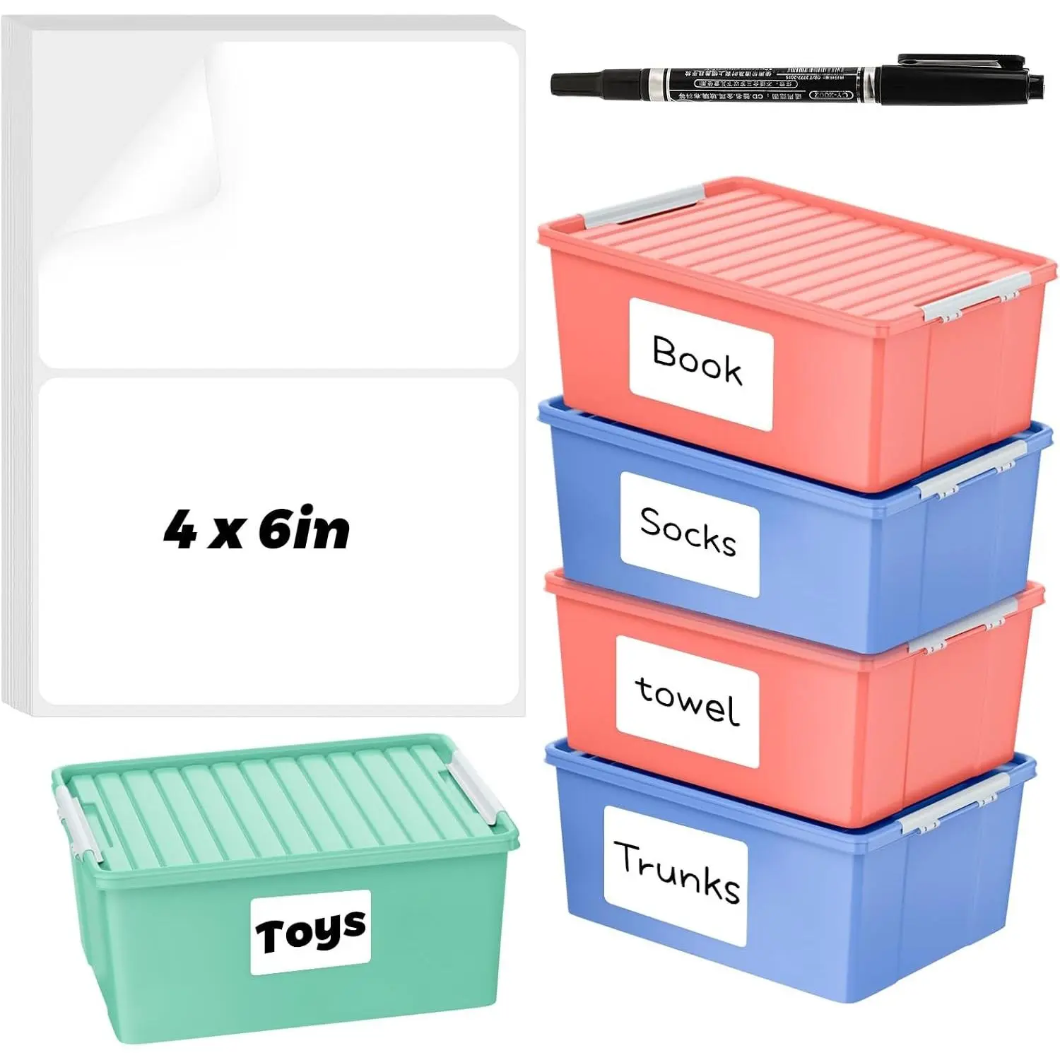 100 Pcs Labels for Storage Bins, 6 x 4 inch Large Label Stickers with 1 Double-ended Marker, Removable Adhesive Moving Blank Labels Tear Resistant No Residue for School Business Home