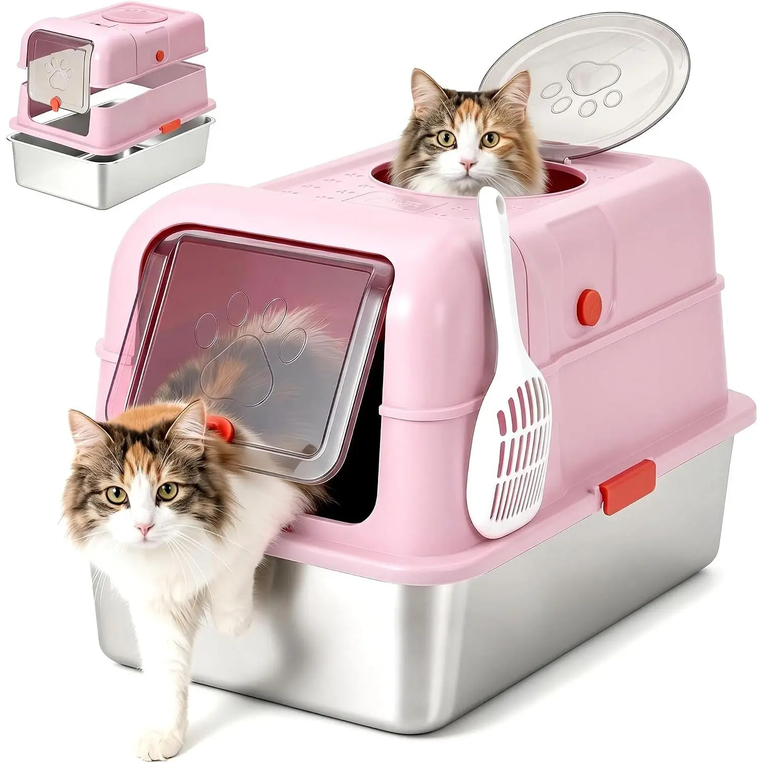 Dog Proof Litter Box Large Stainless Steel Cat Litter Box with Lid, XL Enclosed Metal Litter Pan, Front Entry Top Exit, High-Sided Anti-Leak, Includes Scoop for Big Cats & Multi-Cat Home Pink
