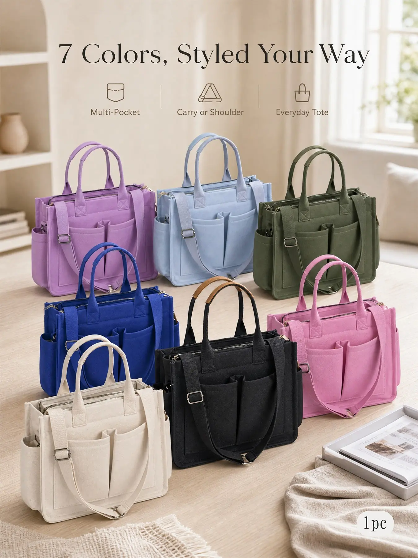 1pc Canvas Tote Bag for Women, Large Capacity Multi-Pocket Work Bag with Zipper, Versatile Bag, Crossbody/Shoulder/Handbag, Canvas Messenger Bags, Versatile Organizer for Travel, Office, Teacher Use, Commuter Mom Bag, Mother’s Day Gift for Mom