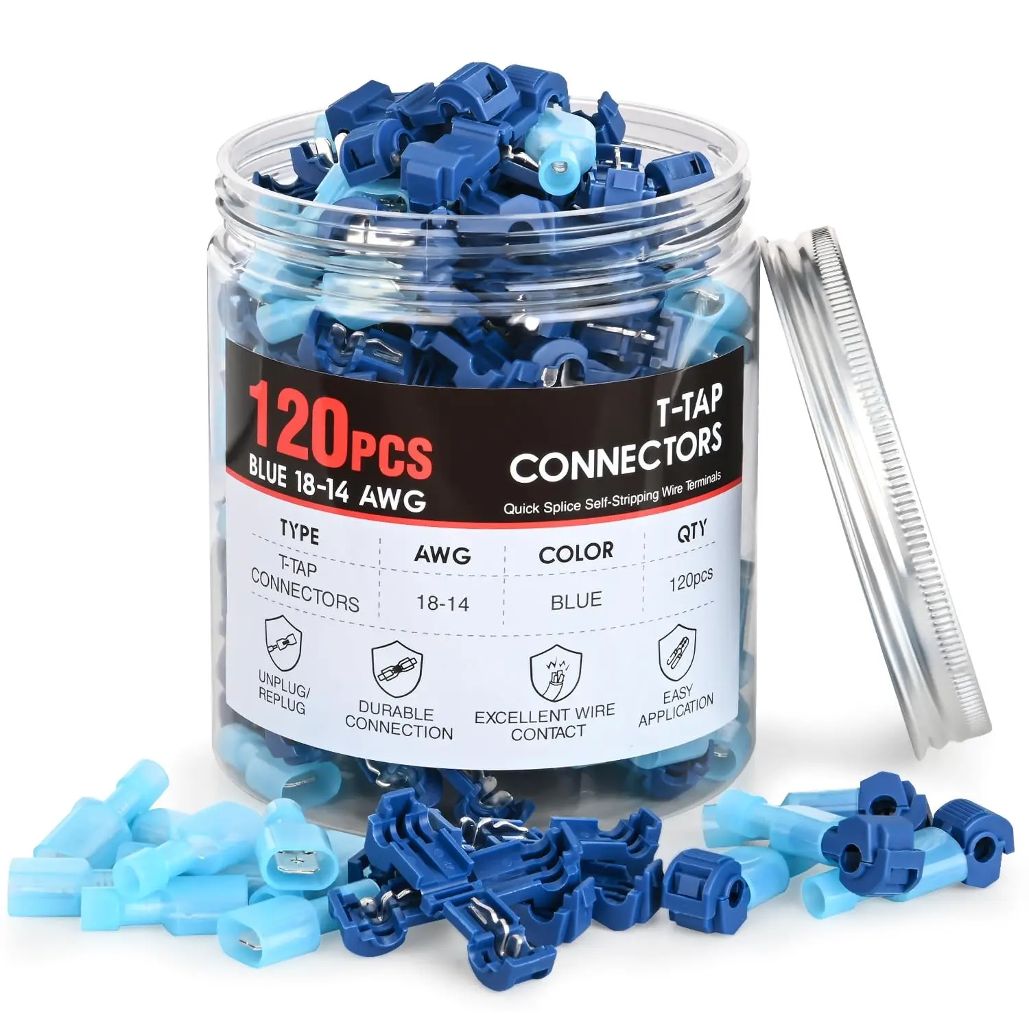 120PCS/60 Pairs Blue T-Tap Quick Splice Disconnect Wire Terminals | Spade Connectors 16-14 AWG Male Female Fully Insulated Crimp Self-Stripping Kit