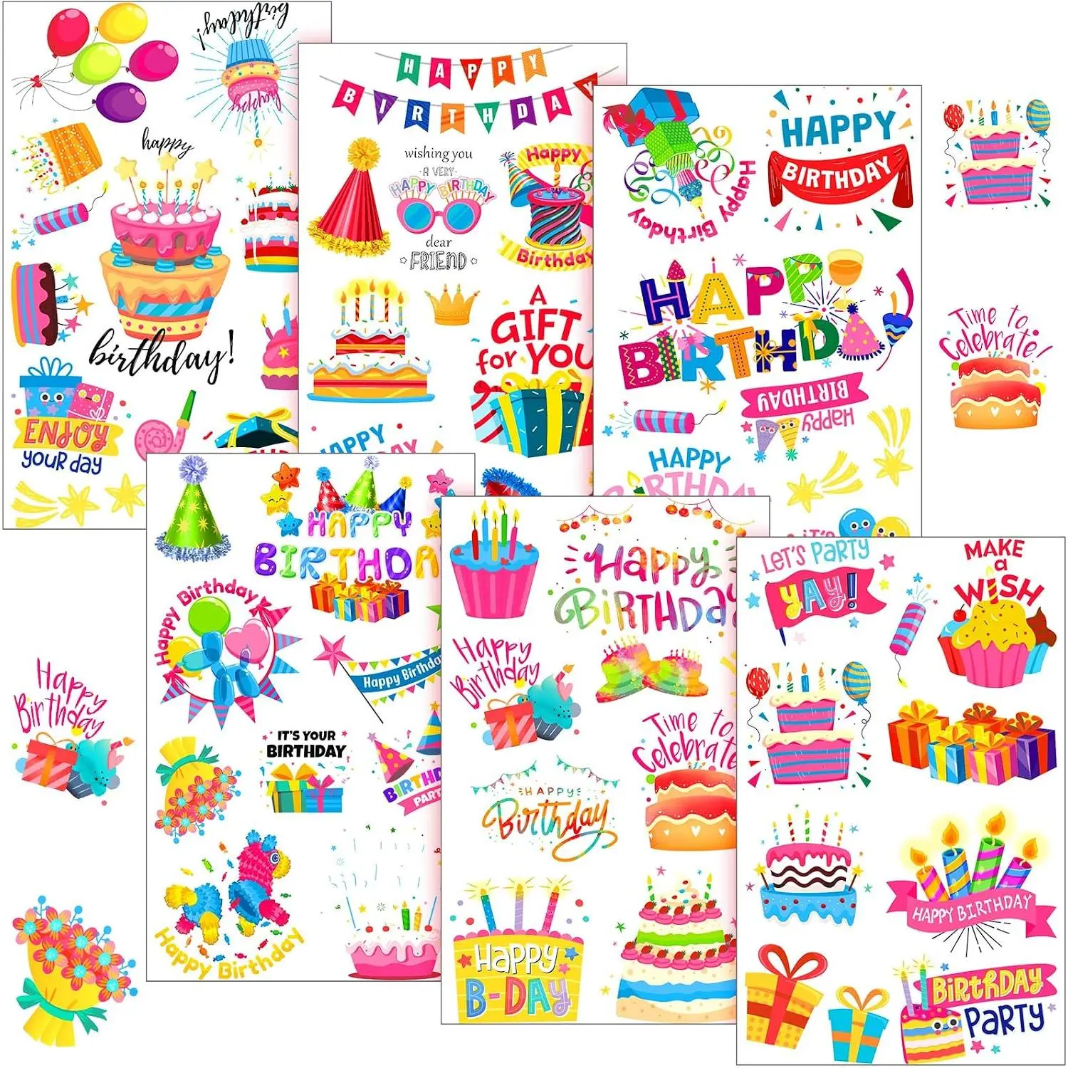 6 Sheets Birthday Stickers for , Cards, Birthday Party  | Cake Balloon  Prints, Self Adhesive, Scrapbook Journal Labels, 6 Colorful Sheets