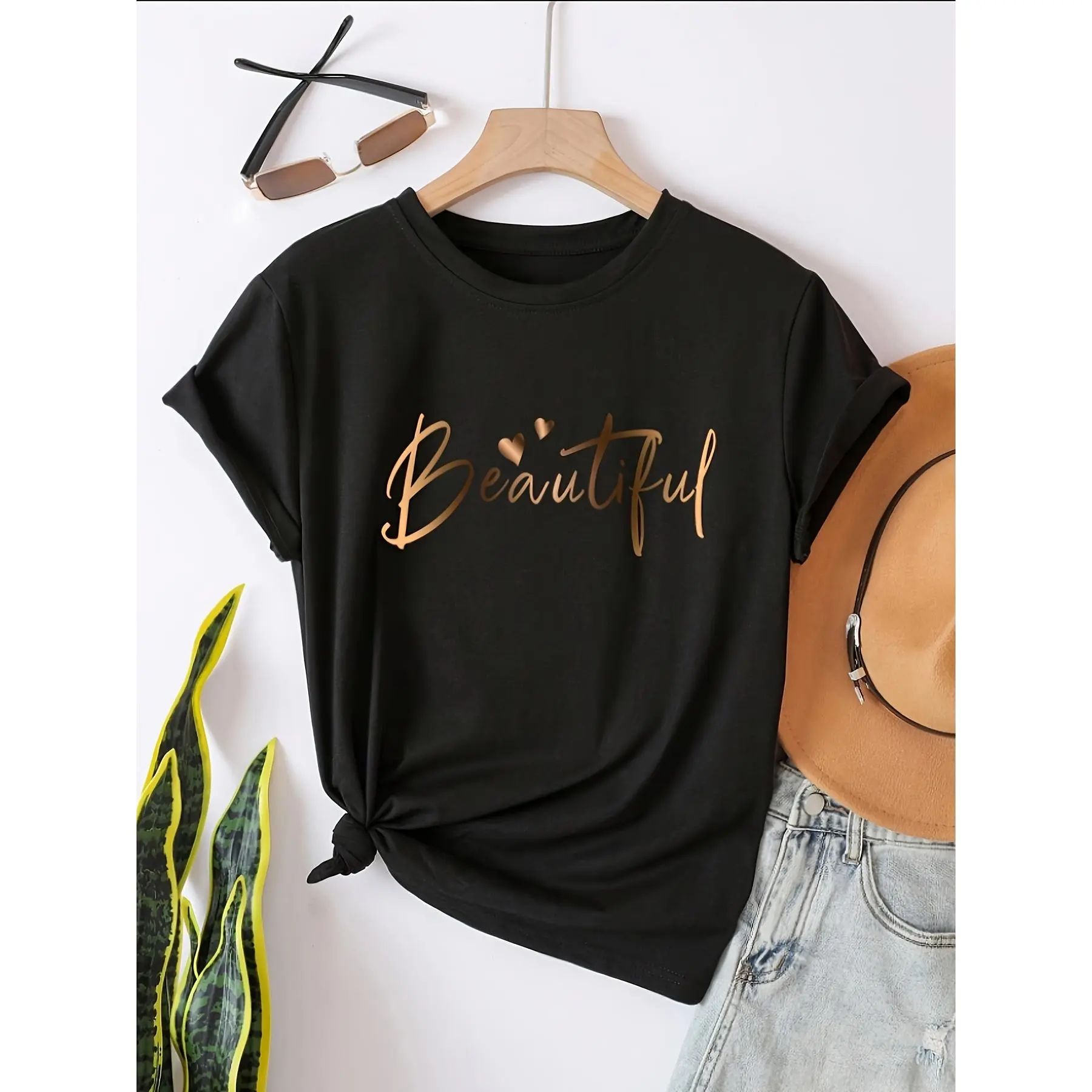 Women's Casual Cotton Short Sleeve Knit Tshirt - Crew Neck, Loose Fit, Regular Type, All Over Heart Letters Alphabet Print, Smooth Versatile Fabric, Sports & Outdoor Clothes
