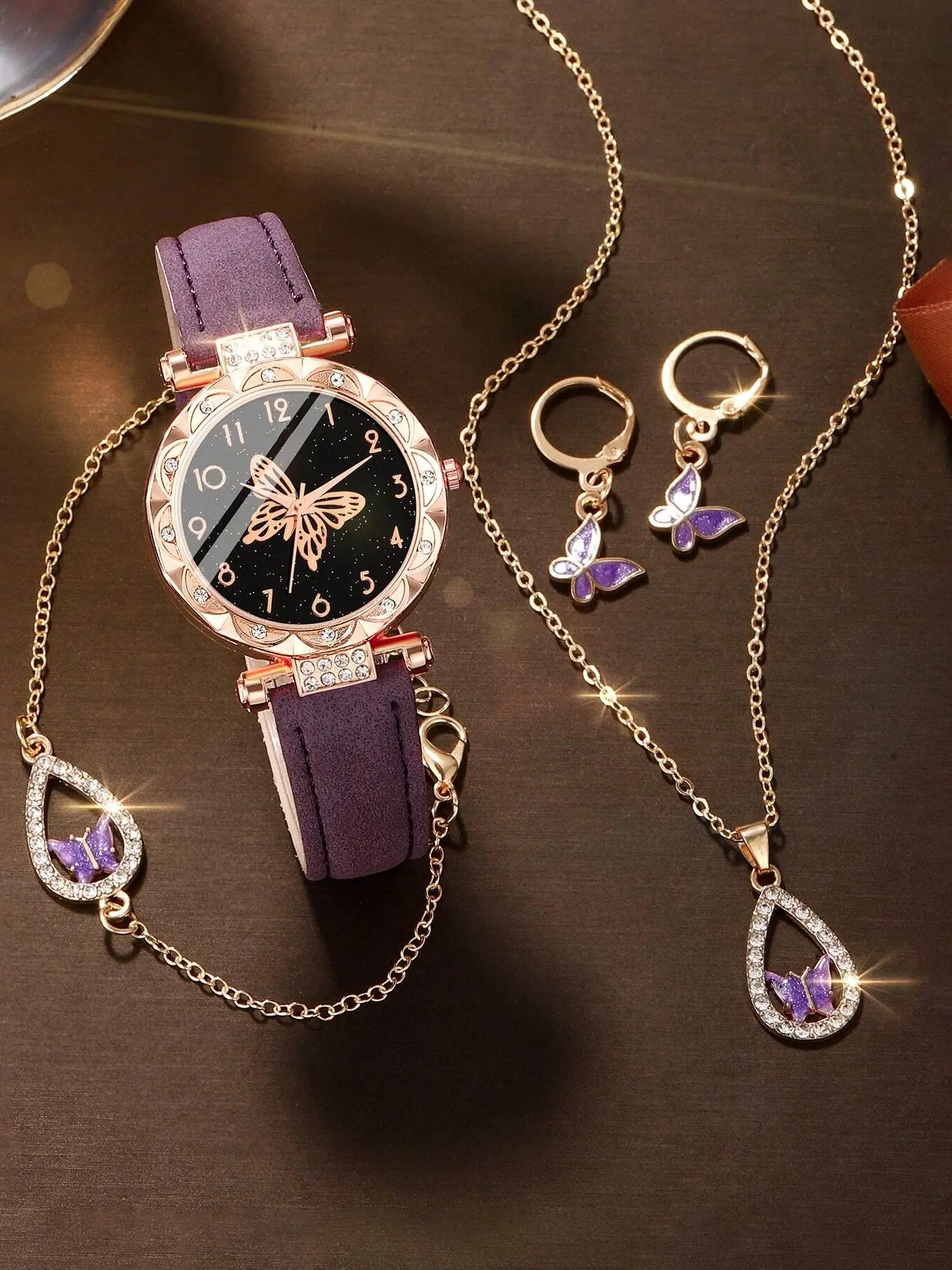 5-piece set of minimalist luxury women's student forest-inspired ancient-style artistic and fair-skinned butterfly small dial watches