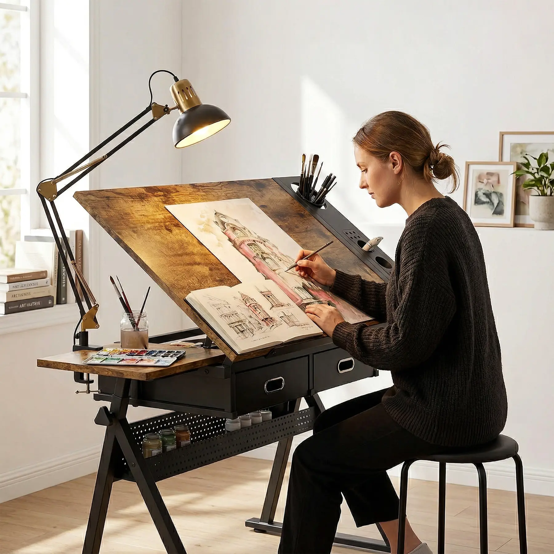 Height Adjustable Drafting Table, Tilted Tabletop Art Table for Adults, Adjustable Drawing Drafting Tables Desk with 2 Drawers and Stool,Watercolor Art Workstation for Home Office Drawing, Painting, Crafting, Writing, Sketching