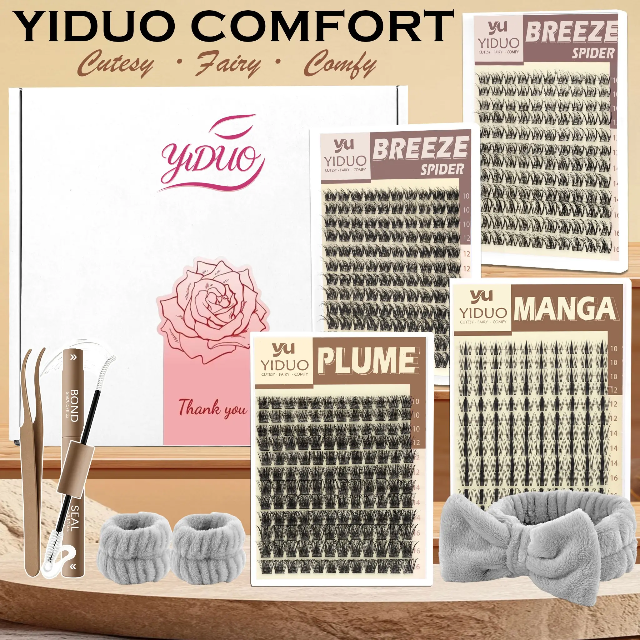 YIDUO 4‑Style Eyelash Cluster Kit｜Manga Wispy Breeze Spider Lash Clusters,504 Pcs D‑Curl 10‑16mm Individual Cluster Lashes,DIY At‑Home Eyelash Extension Set with Lash Bond and Seal & Lash Tweezers