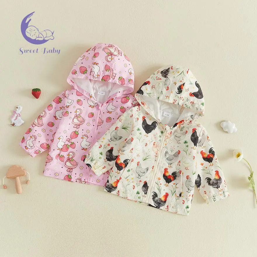 Toddler Girls' Polyester Long-Sleeve Hooded Chicken Print Casual Jacket, Toddler-Size Outwear