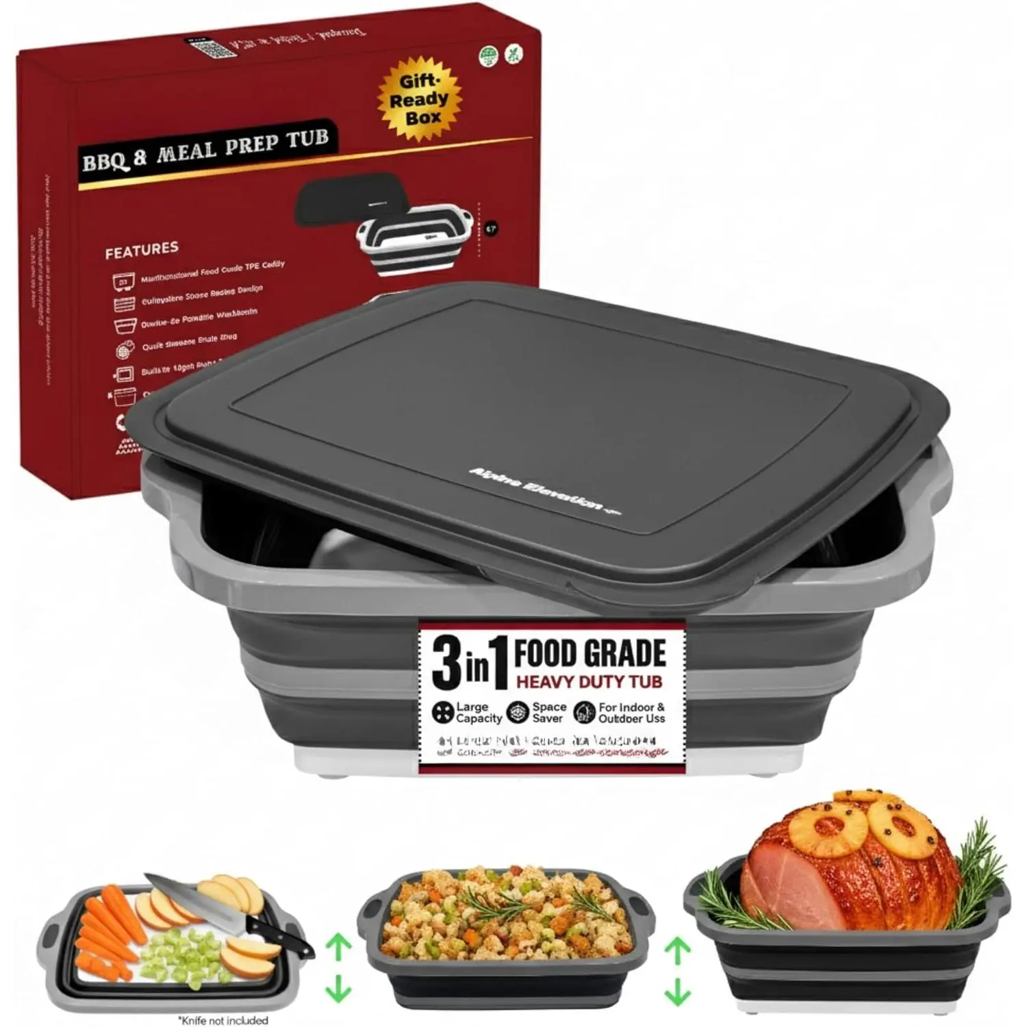 Collapsible Large (8L) BBQ Marinating Tub w/  Board | Multipurpose -Grade TPE Prep Tub w/ Lid | -In Colander & Drain Plug - For Camping | Tailgate | Picnic - Slate Black