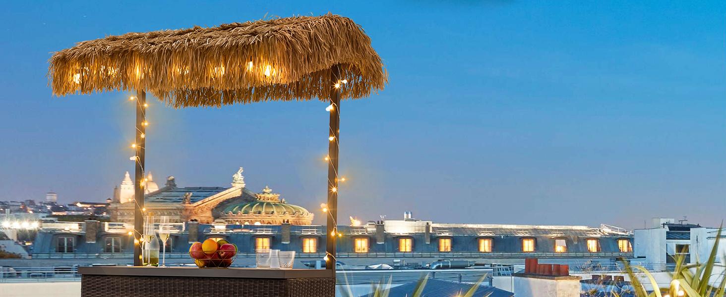 Outdoor Tiki Bar Set, 3 Pieces Wicker Patio Bar Set w/2 Height Stools, Storage Shelf, Canopy, Plastic Wood Tabletop for Backyard Poolside Garden, Brown