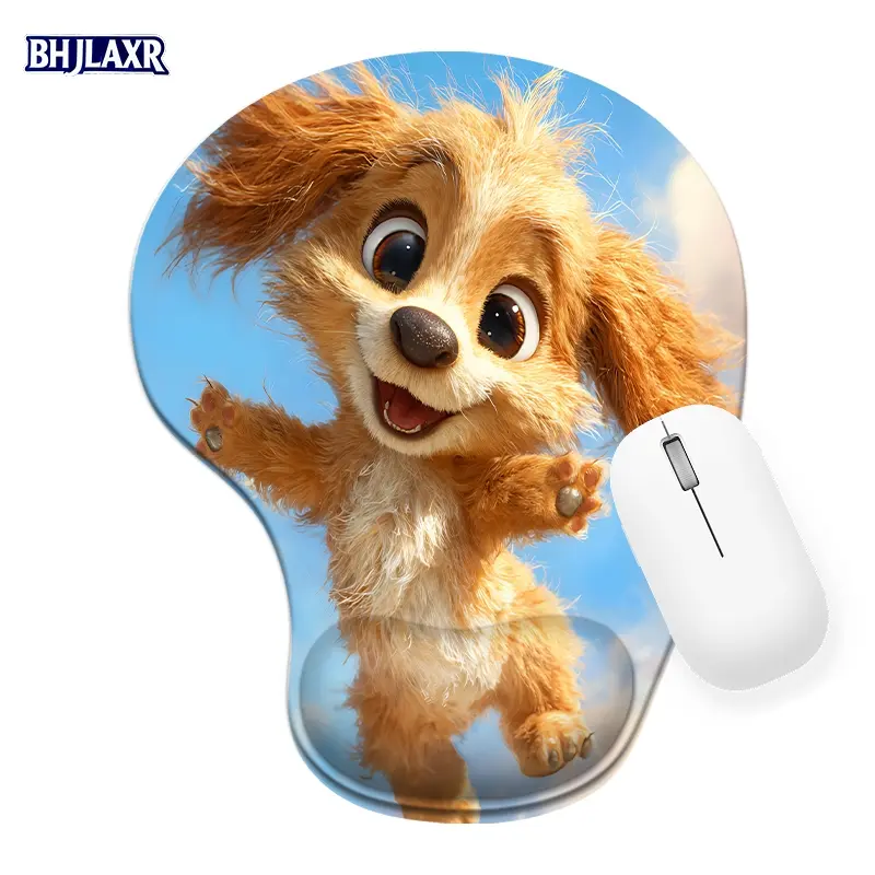 Cute Fluffy Animated Puppy Light Brown White Fur Mouse Pad - 8.98*7.56inch Silicone Wrist Rest, Ergonomic Office Home Computer Pad, Playful Design Great Gift for Dog Lovers