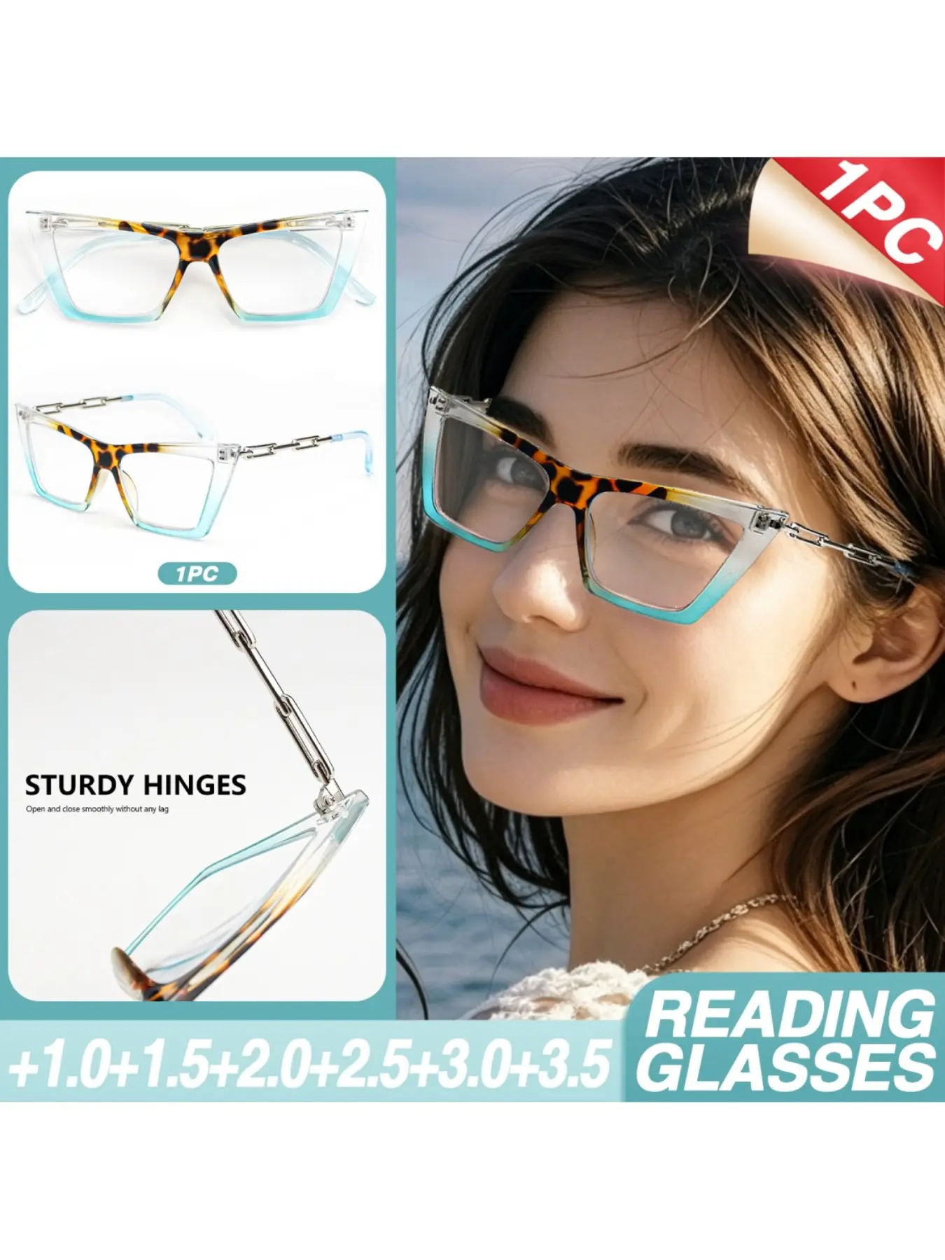 Vintage Cat Eye Reading Glasses, Chain Temple Design, Ultra HD Lenses, Leopard Print & Gradient, Fashionable, Unisex, All Seasons