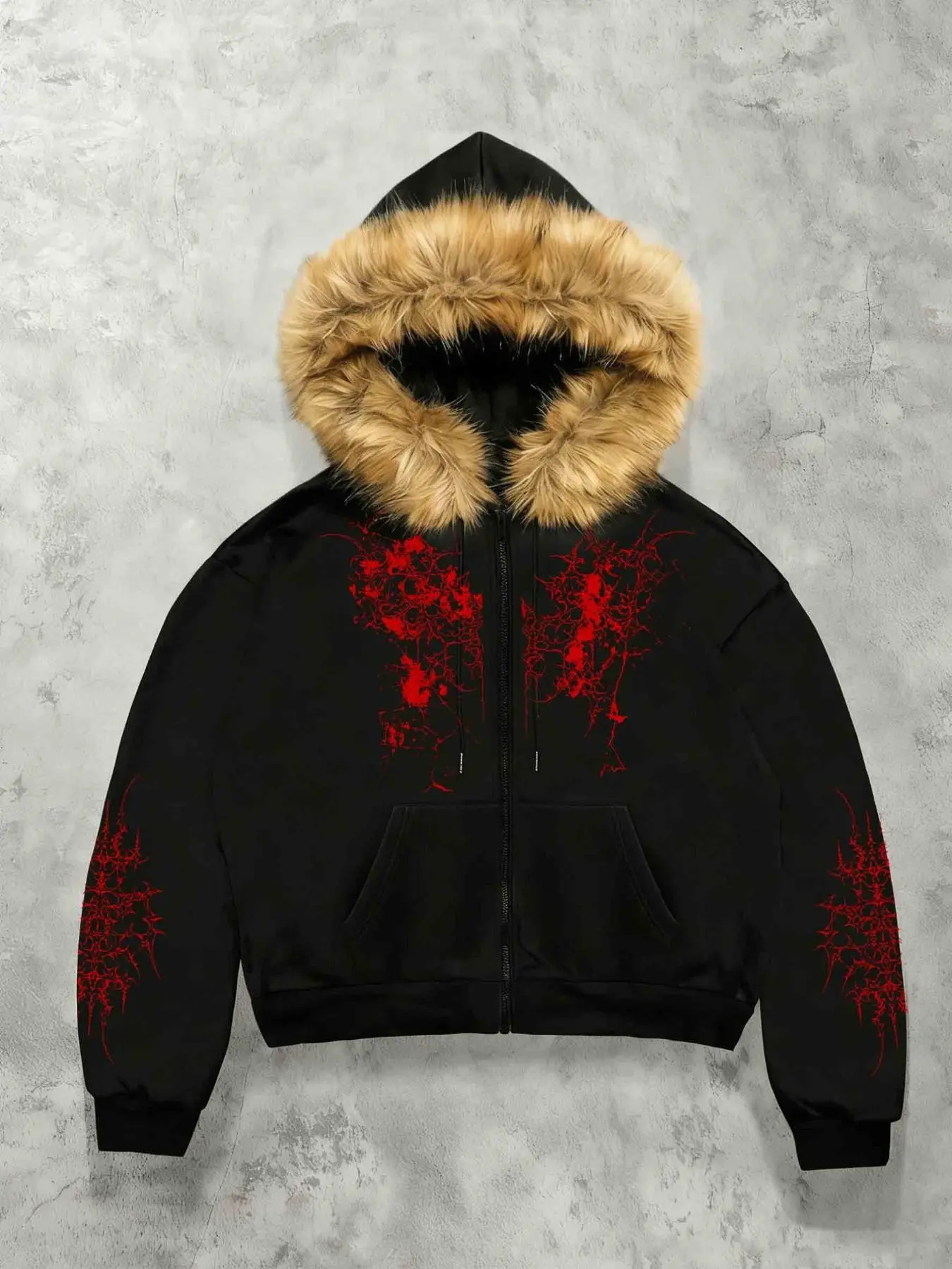 Men's Faux Fur Collar Hooded Zipper Jacket, Dark Style Graphic Print, Street Fashion Coat, Warm and Stylish, Fall & Winter Wear