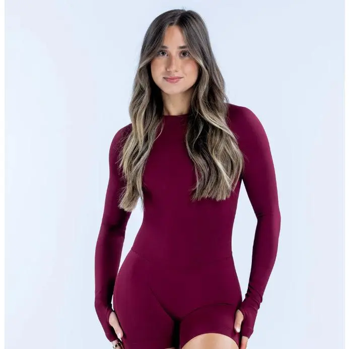 High-elastic long-sleeved one-piece yoga suit, tummy control, butt-lifting, slimming fitness wear, outdoor one-piece with chest pads