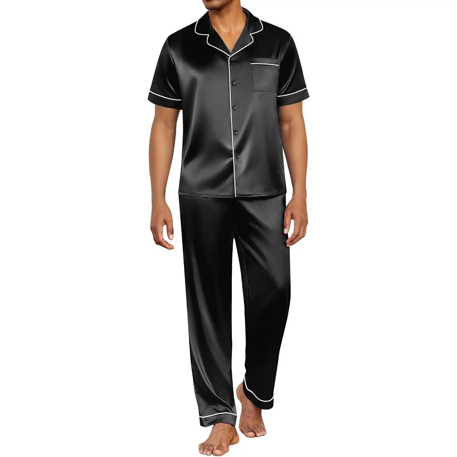 Mens Satin Pajama Set Short Sleeve Button Down Sleepwear Classic Loungewear Set with Long Pants