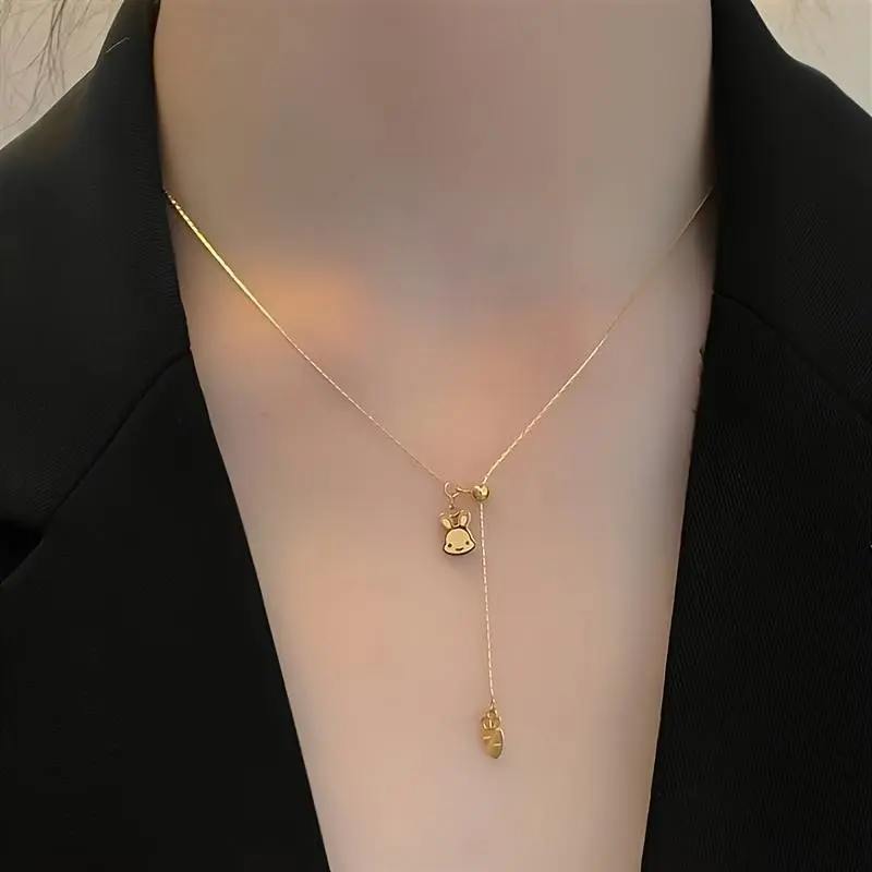 Bunny & Carrot Adjustable Necklace - Golden Stainless Steel Dainty Petite Chain for Women