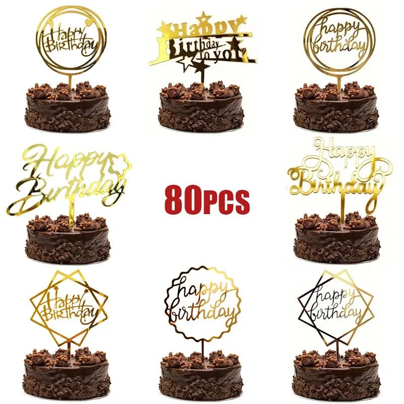 80pcs Happy Birthday Acrylic Cake Tops, Different styles Cake golden glitter toppers Decorations, Party Supplies, Modern Alphabet Shapecreative baking supplies, Birthday Party Decoration gifts