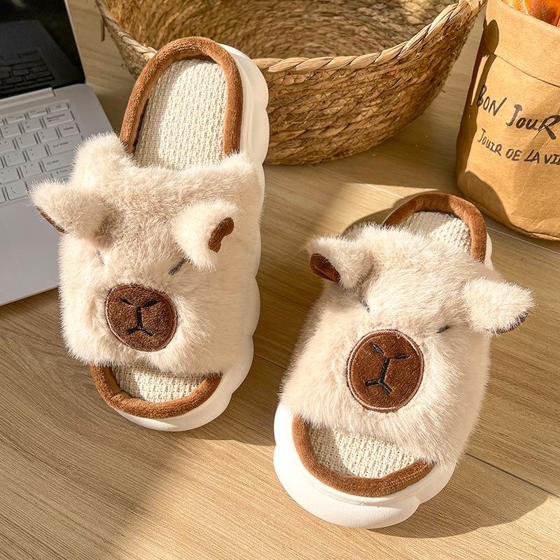 Women's Cute Kapibala Linen Slippers for Four Seasons Home Furnishings Indoor Home Furnishings Slippers Footwear Slide Walking Shoes Flipflop