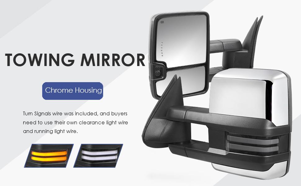 Chrome Power Heated Tow Mirrors For 2003-2007 Chevy Silverado Tahoe / GMC Sierra Yukon 1500 2500 3500 w/Sequential Turn Light, Clearance Lamps, Running Light (Set of 2)