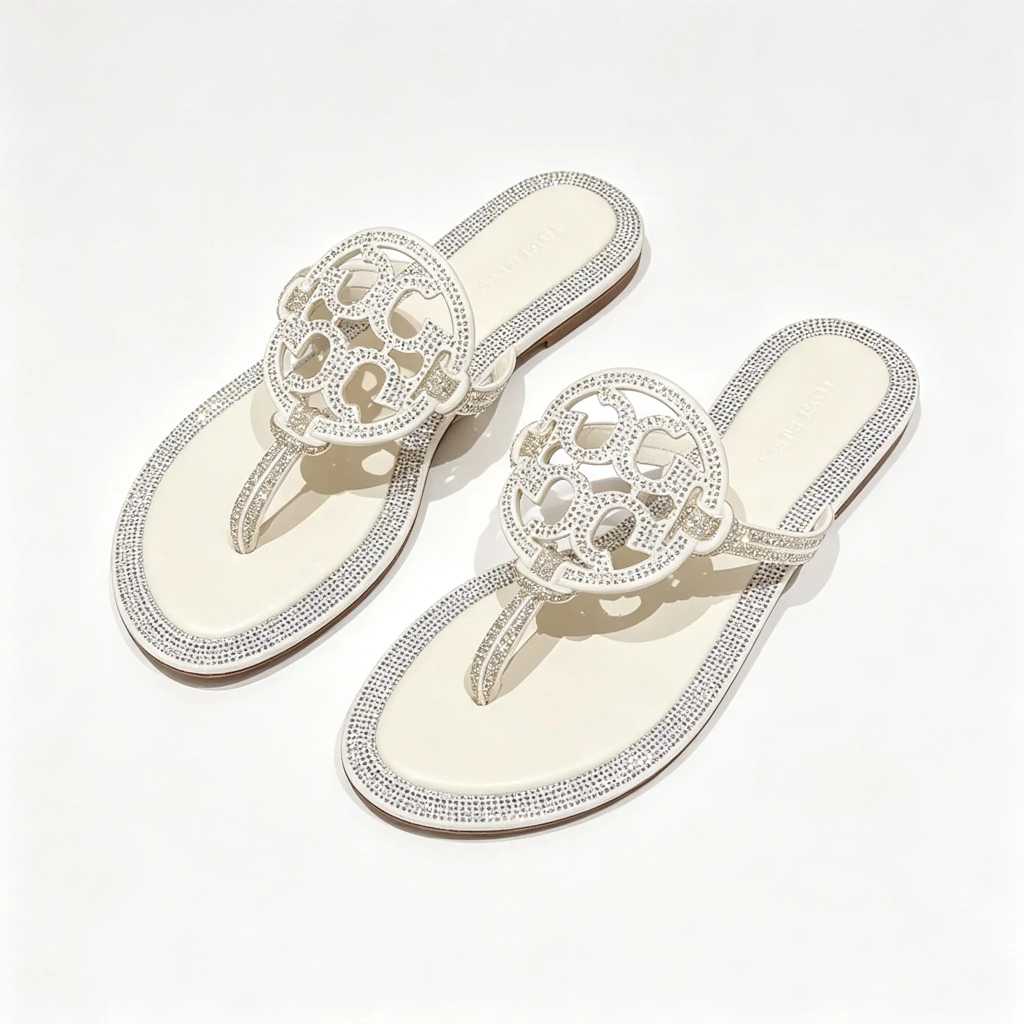 Women White Full Rhinestone Hollow Circular Flip Flops Sparkling Crystal Border Trim Flat Pool Slide Sandals Soft Smooth Leather Insole Open Toe Thong Slippers Anti Slip Flat Sole Summer Beach Vacation Party Elegant Dressy Luxury Footwear