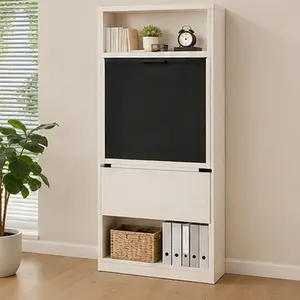 ARCH Fold-Out Convertible Wall Mount Writing Desk with Blackboard and Storage Shelves, Space-Saving Murphy Table Cabinet, Ancient White Wood, 20.1"W x 38.6"D x 60"H, for Home Office, Living Room, Bedroom, Study Room, Ancient White Color Options