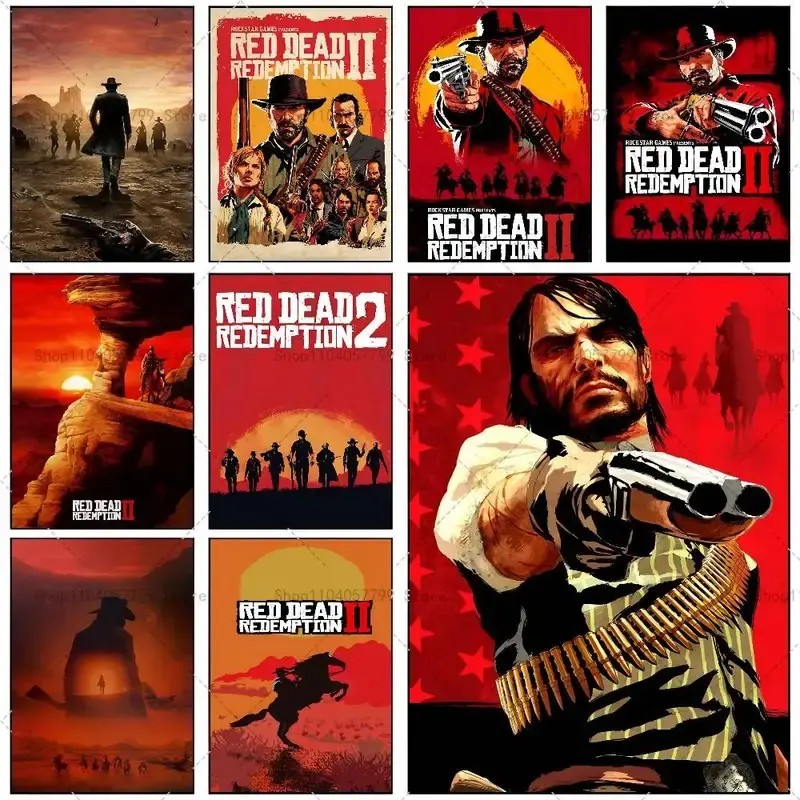 Western Cowboy Game Inspired Canvas Poster, Vintage Outlaw Action Wall Art for Bedroom Game Room Living Room, Retro Red Desert Gunslinger Aesthetic poster, Cool Gamer wall decor