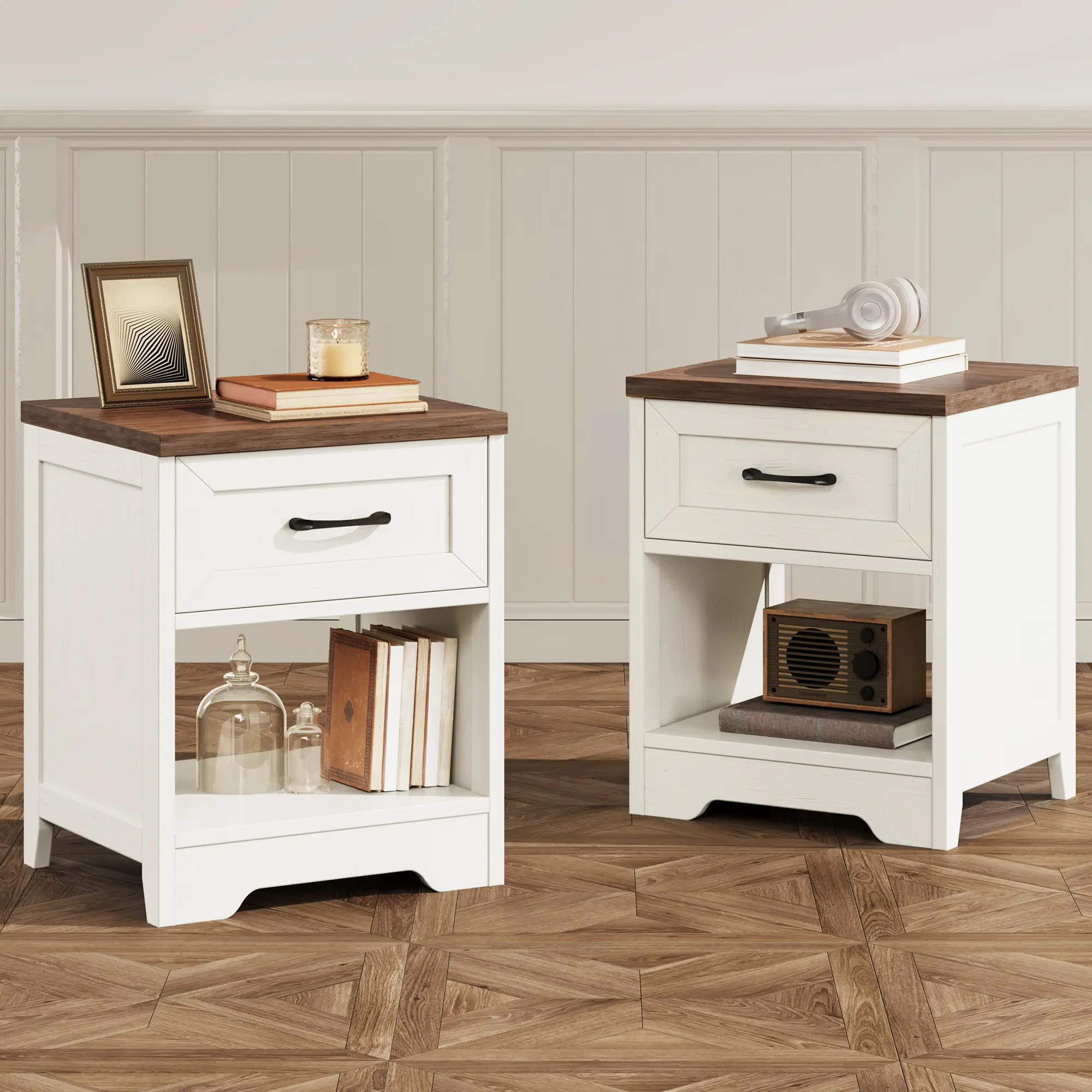 AODK Farmhouse Nightstand Set, Bedside Table with Drawer & Open Storage, Wooden End Tables for Bedroom & Small Space