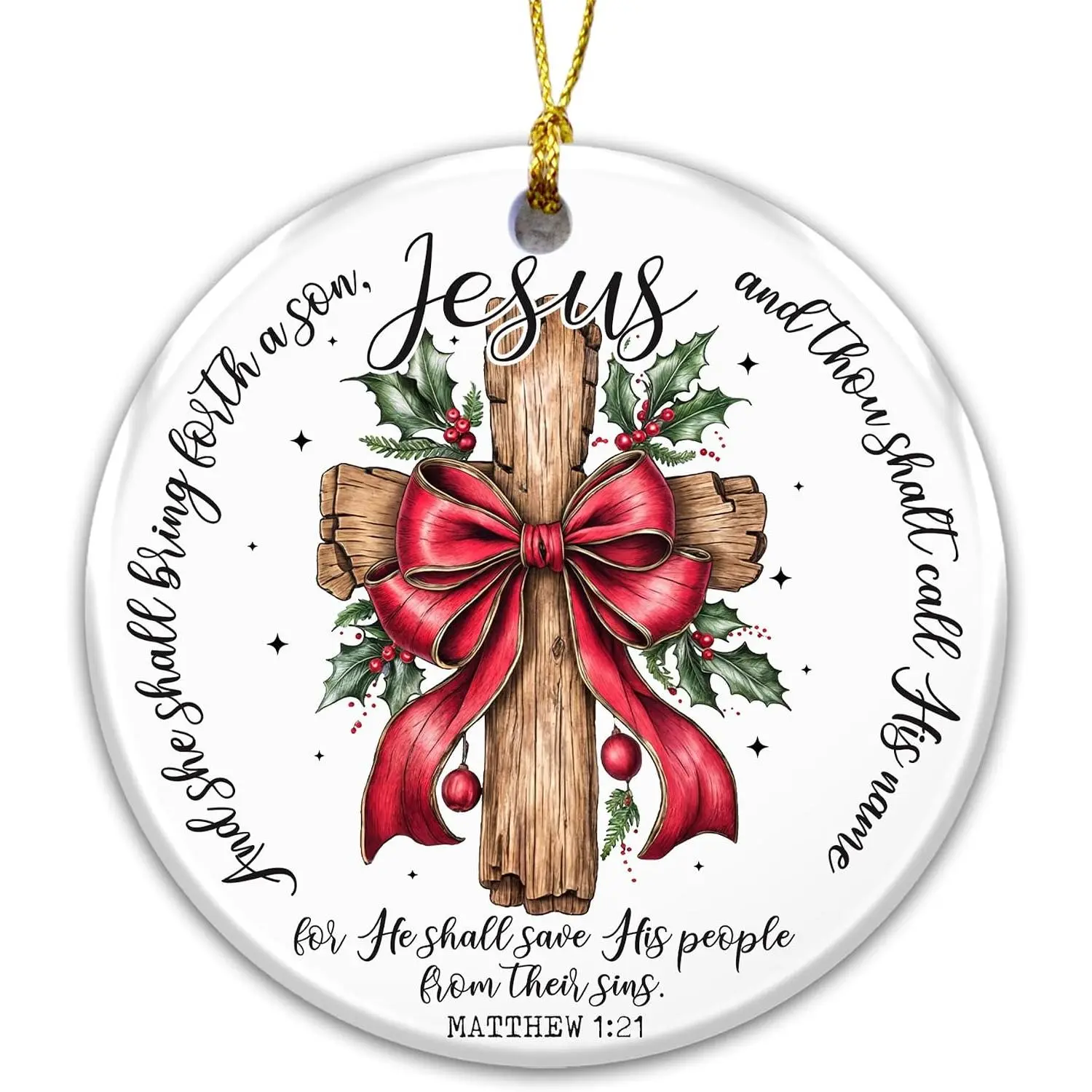 Nativity Ornament 2025 -White Elephant , Wooden  with Red Bow & Scripture Verse Matthew 1:21 - ", for He  Save His People from Their Sins" - Religious Ornament, Faith Decor &