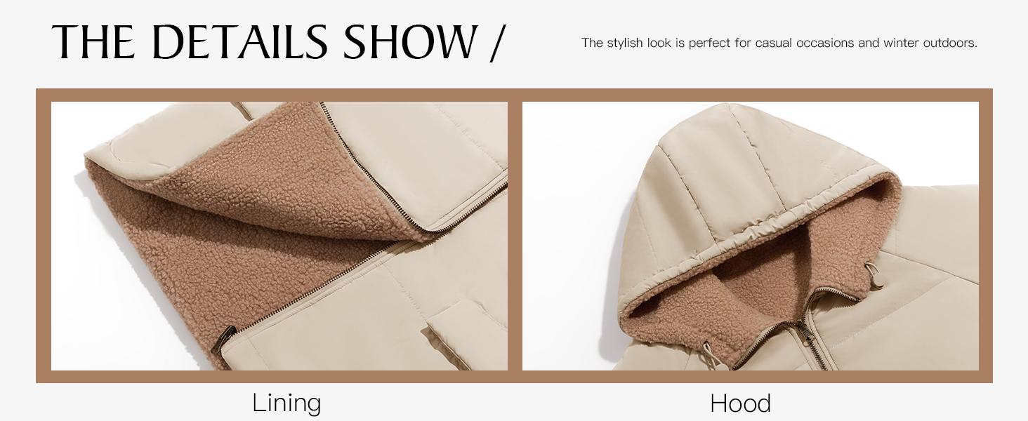 FMEYOA Womens Reversible Puffer Jackets Sherpa Lined Fleece Winter Coats Casual Zip Up Hooded Warm Outerwear