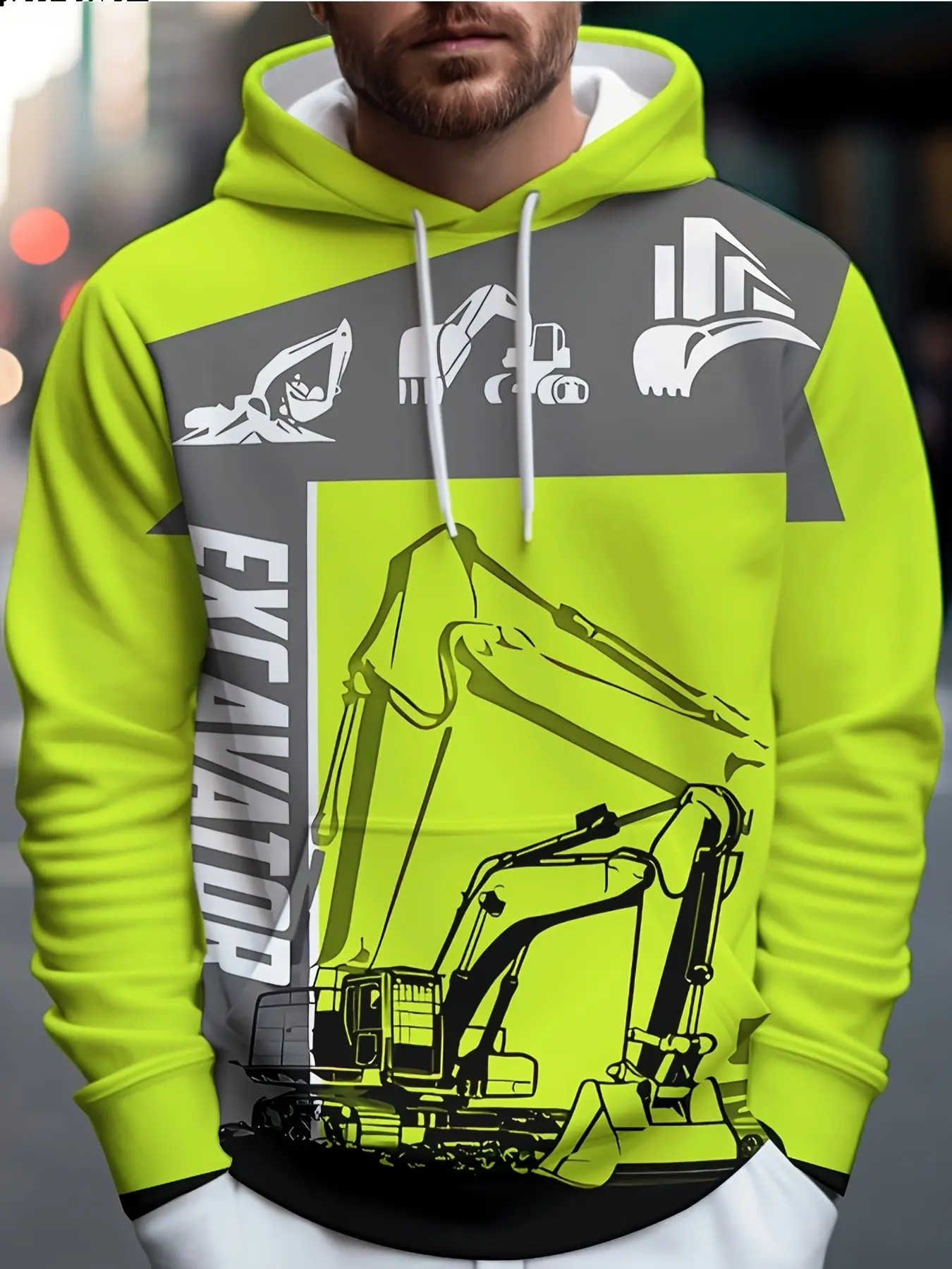 Fluorescent Excavator Print Hooded Sweatshirt, Unisex Casual Pullover, Long Sleeve Loose Fit, Fall & Winter Fashion