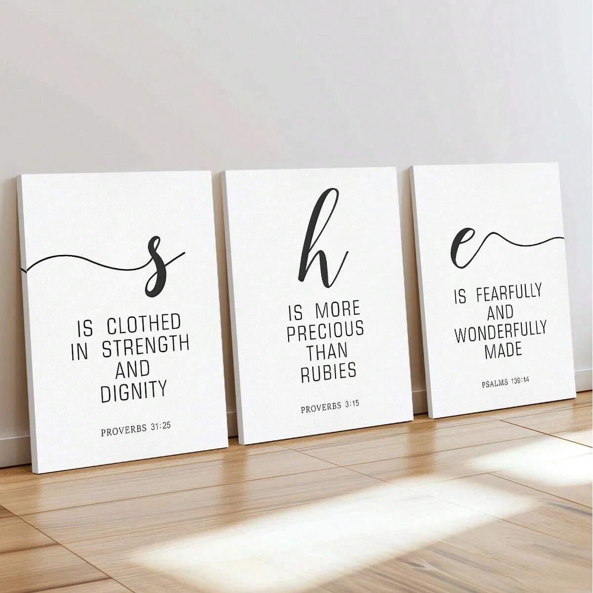 Feminine Themed Pattern Unframed Canvas Painting, Unframed Art Print, 3 Counts/set Bible Verse Inspirational Quotes Wall Art, Wall Decor for Home Living Room Bedroom, Ornaments