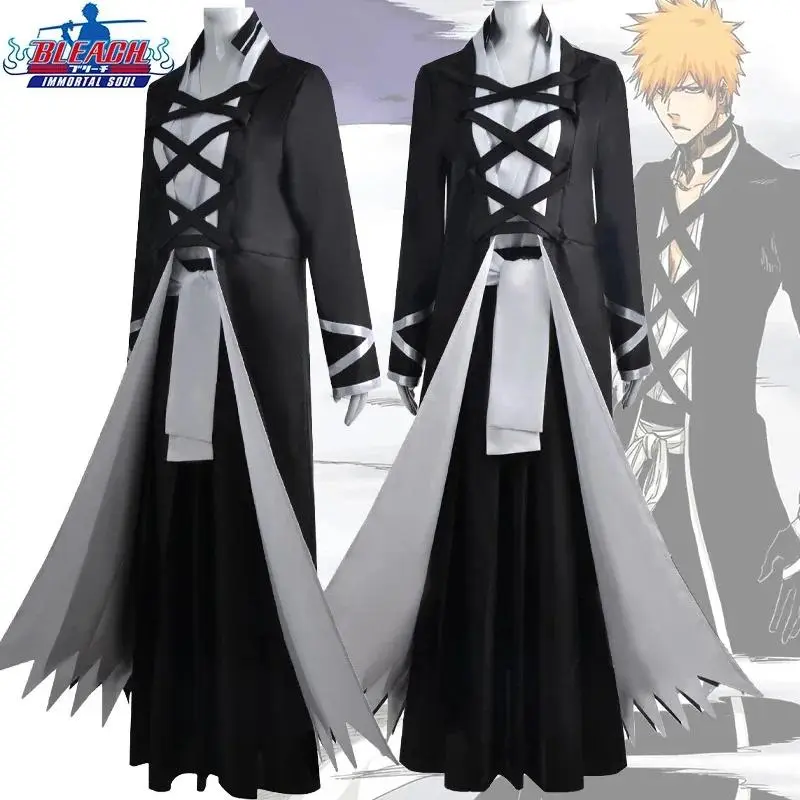 Anime BLEACH Kurosaki Ichigo Cosplay Costume Japanese Manga Cosplay Black and White Outfit Halloween Role Play Uniform for Men