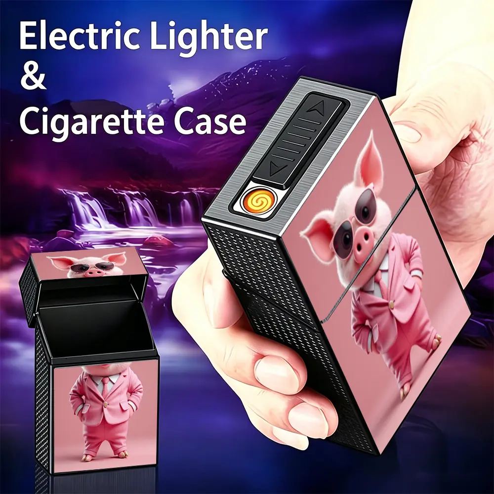 USB-Rechargeable Cigarette Case with Built-In Electronic Lighter, Cute Pink Pig Wearing a Suit and Stylish Glasses, 20-Cigarette Capacity, Fits 84 mm and 90 mm Sizes, Portable Gift for Him