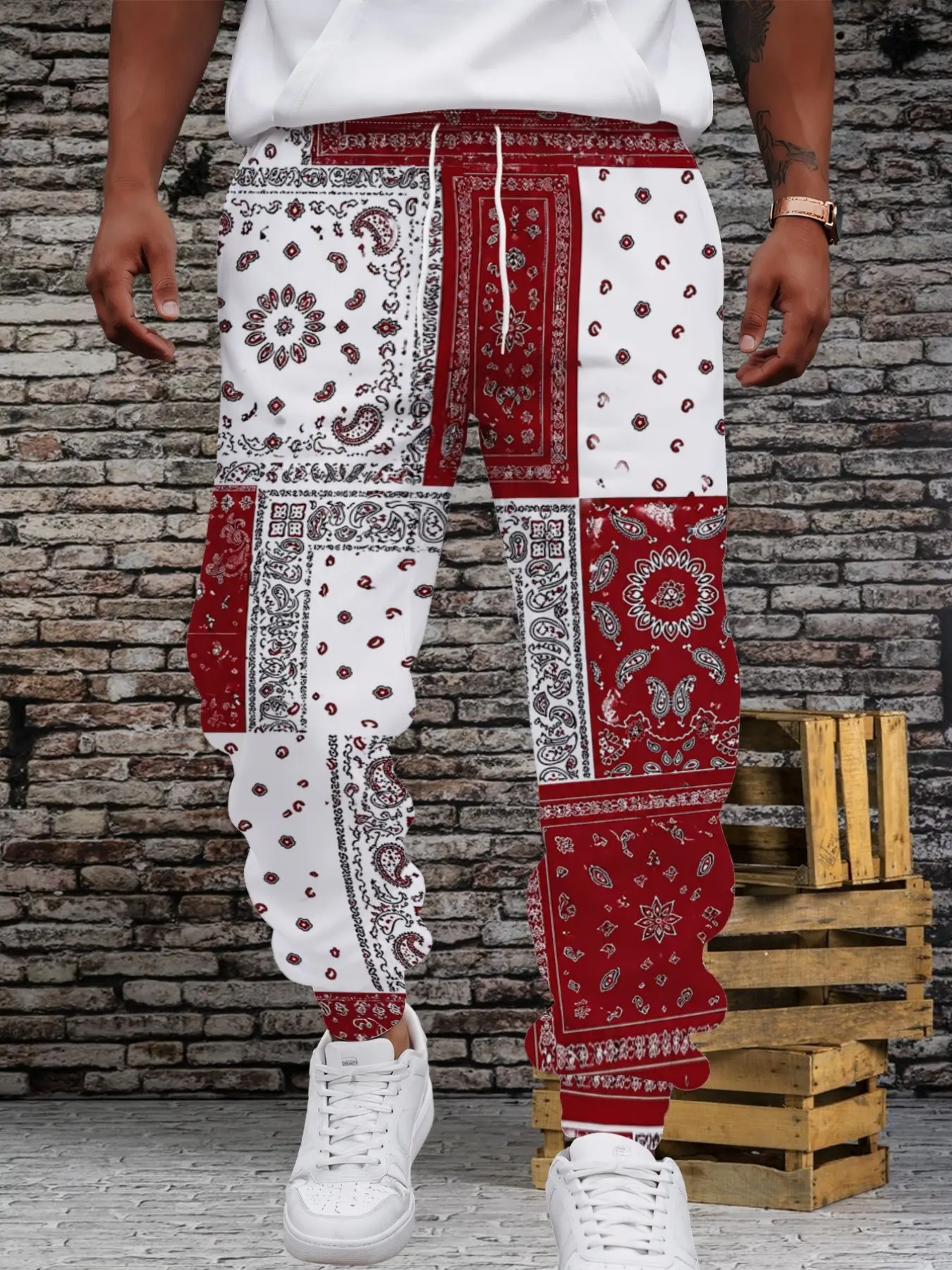 Paisley Flower Patchwork Jogger Pants, American West Coast Style, Men's Loose-Fit Casual Fall Pants, All over Print
