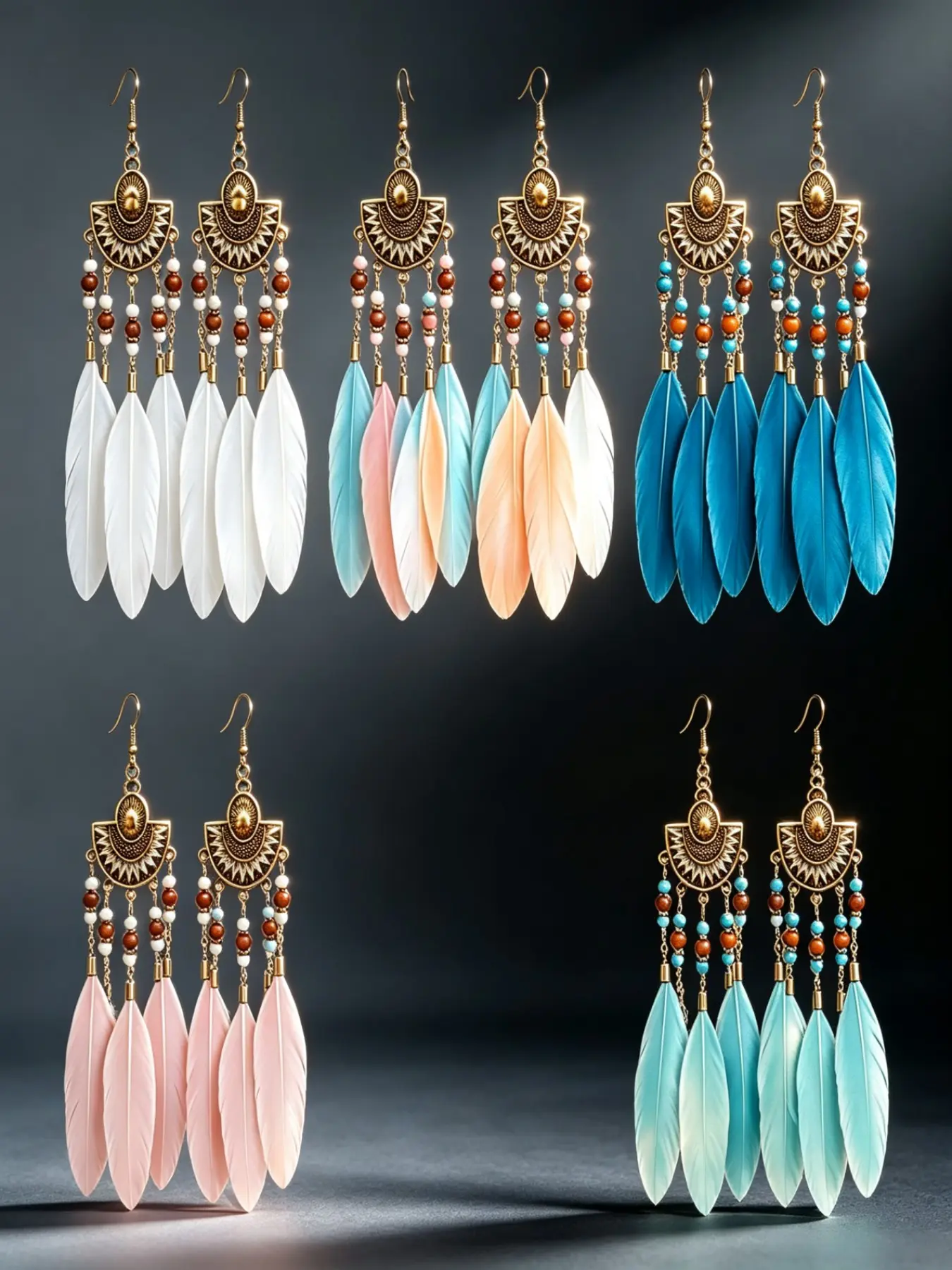 5 Pcs Bohemian Ethnic Vintage Feather Earrings, Long Retro Style, Unique Handmade Jewelry, Perfect for Special Occasions, Good Earrings