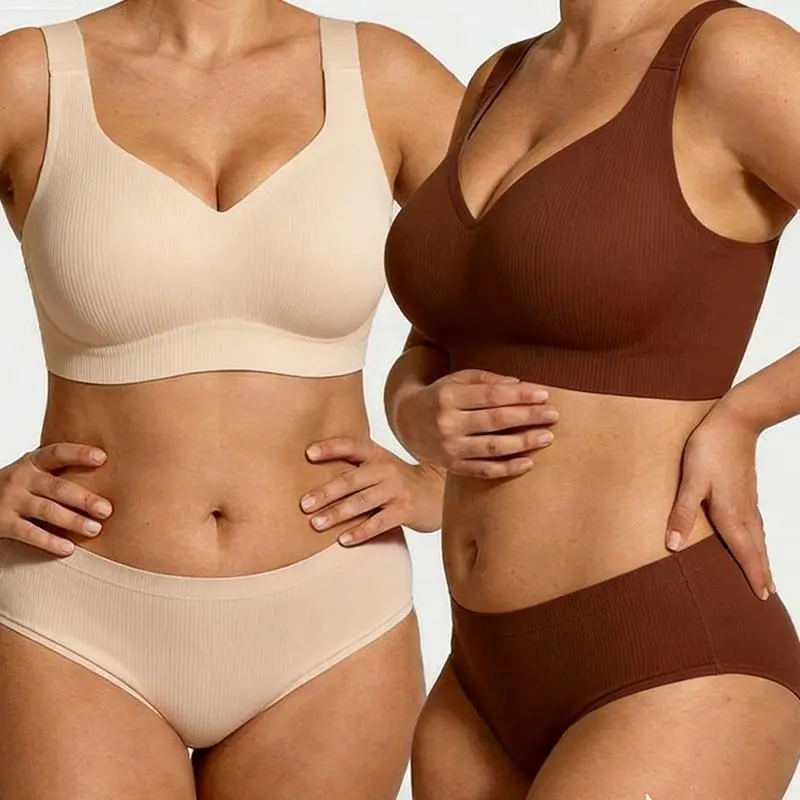 EssElegance Women's 2-Pack Seamless Deep V-Neck Bralette, Ribbed Texture Polyamide Blend Pullover Bra with Thick Band for Comfort and Lift, All Seasons, Cold Wash, Seamless Fit, Wireless Push-Up