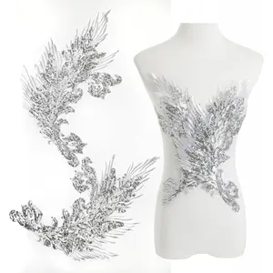 Embroidery Phoenix Costume Sequin Appliques Patches Peacock Feather Tail Applique Embellishments for Dance Dresses Clothes T-Shirt Neckline Bodice Pants (Silver)