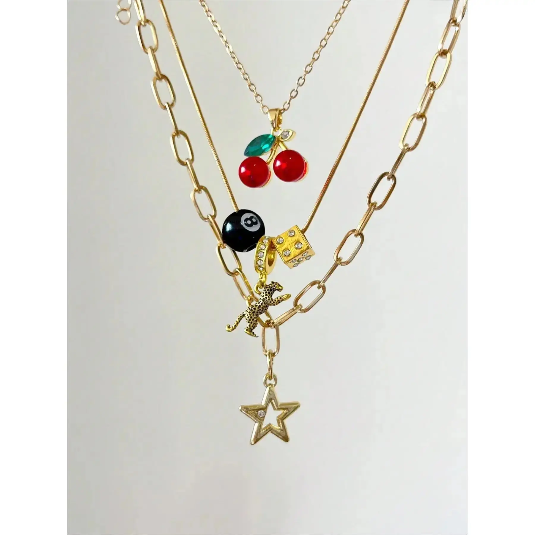 Women's 3 Pcs Y2K Layered Charm Necklace Set With Leopard, Cherry, 8 Ball, Dice And Star Pendants, Whimsical Girly Jewelry for Teen Girls Daily And Party Wear