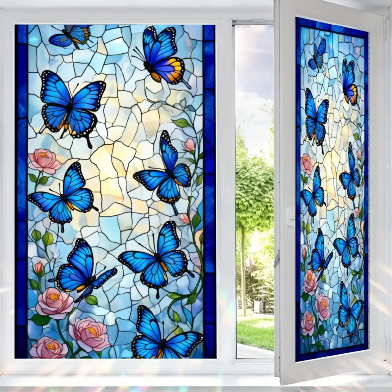2D Flat Static Cling Window Clings For Glass Windows Blue Butterflies And Pink Roses Stained Glass Style Window Film Ornament For Living Room And Bedroom Removable Window Stickers Window Decals