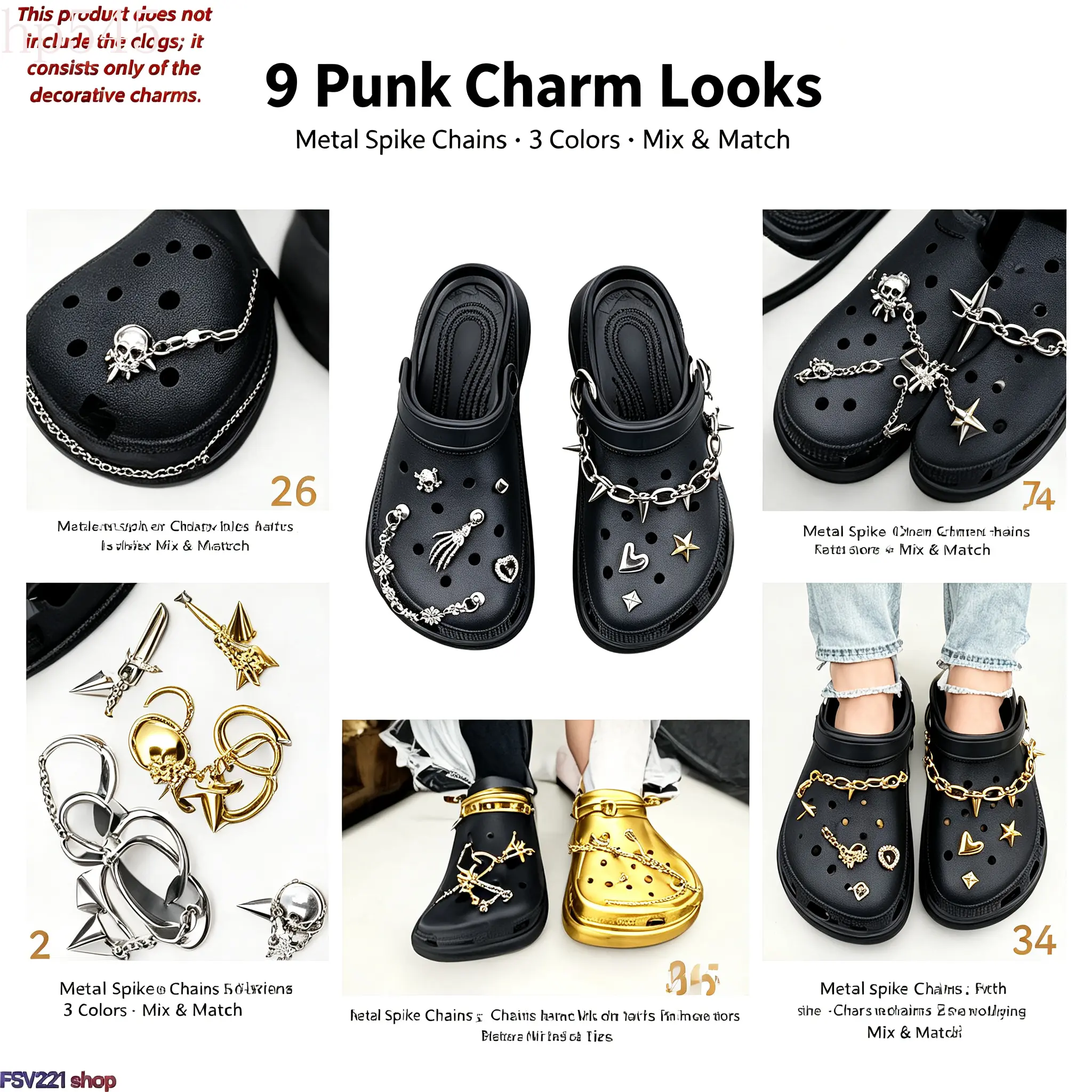 Gothic Spiked Metal Chain Shoe Decoration Charms - Unisex Barbed Spike Chain Croc Clog Hole Decor, Goth Fashion Enthusiasts’ Gothic Clog Upgrade DIY Accessories, Teen Gift & Streetwear Accent sohochic