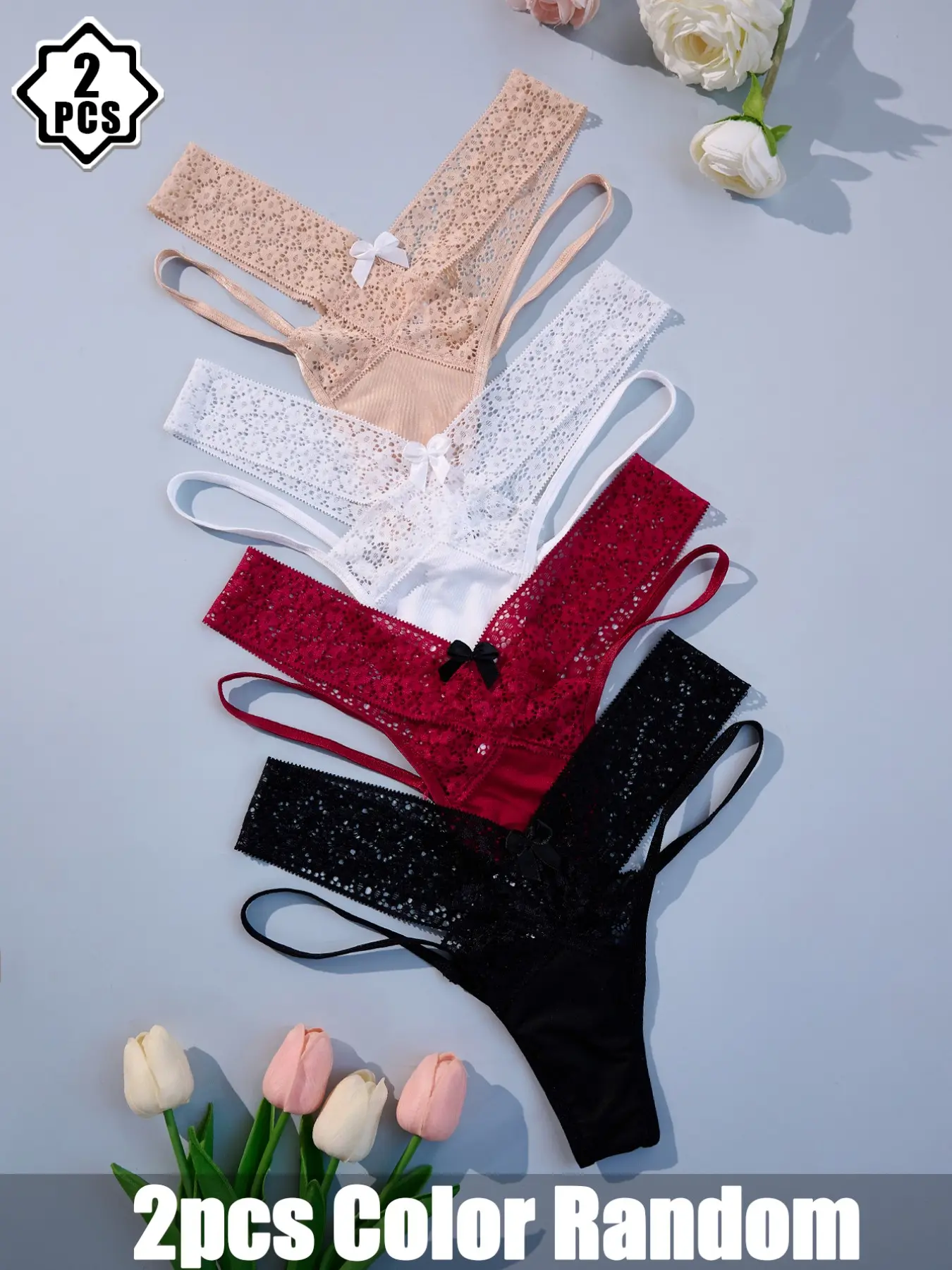 2-Pack Random Color Women's Sexy Fashion Triangle Pants, Fitted Panties, Romantic Elegant Lace Trim Underwear, Cute Bow Design, Hollow Out, Holiday Gift