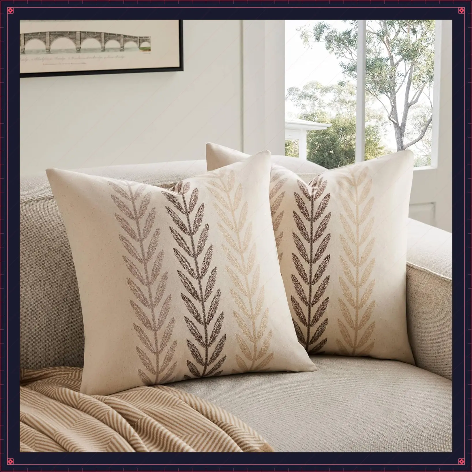 Set of 2 Farmhouse Leaves Throw Pillow Covers, 18x18 Inch Mixed Beige, 100% Organic Cotton Rustic Print Pillow Cases, Pastoral Decorative Cushion Covers for Sofa Bed Living Room Home DecorGift