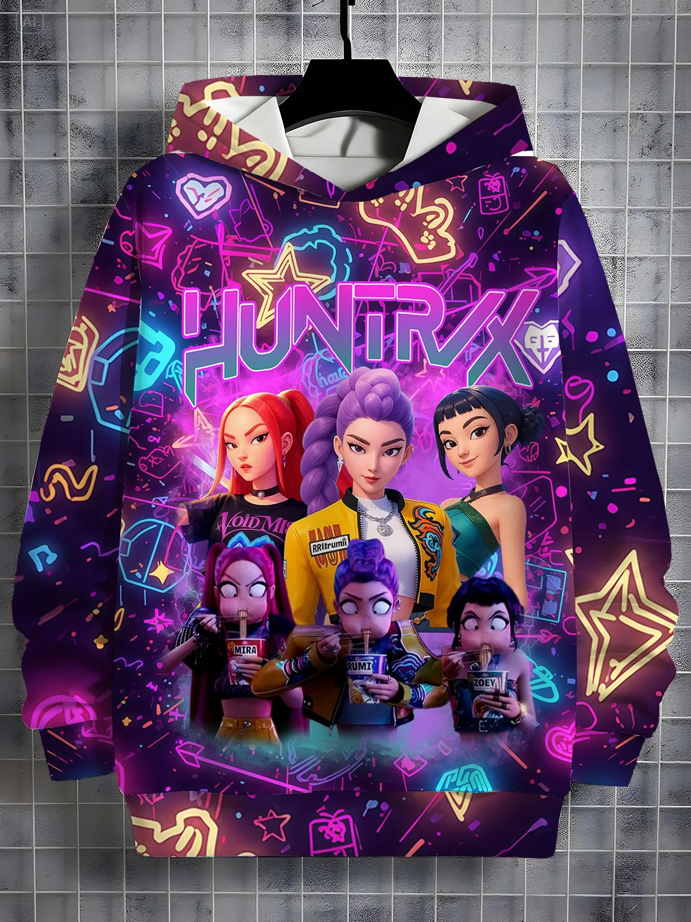 Girls' Neon Line K-Pop Print Hoodie, Fashion Hoodies, Korean Anime Cartoon Print, Spring & Fall Fashion Casual Sweatshirt, Perfect Christmas Gift