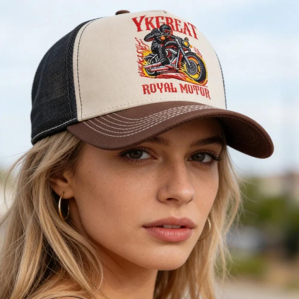 Hot Sale Motorcycle Embroidered Trucker Hat Flame Biker Patch Baseball Cap For Man Woman Breathable Streetwear Summer Mesh Caps