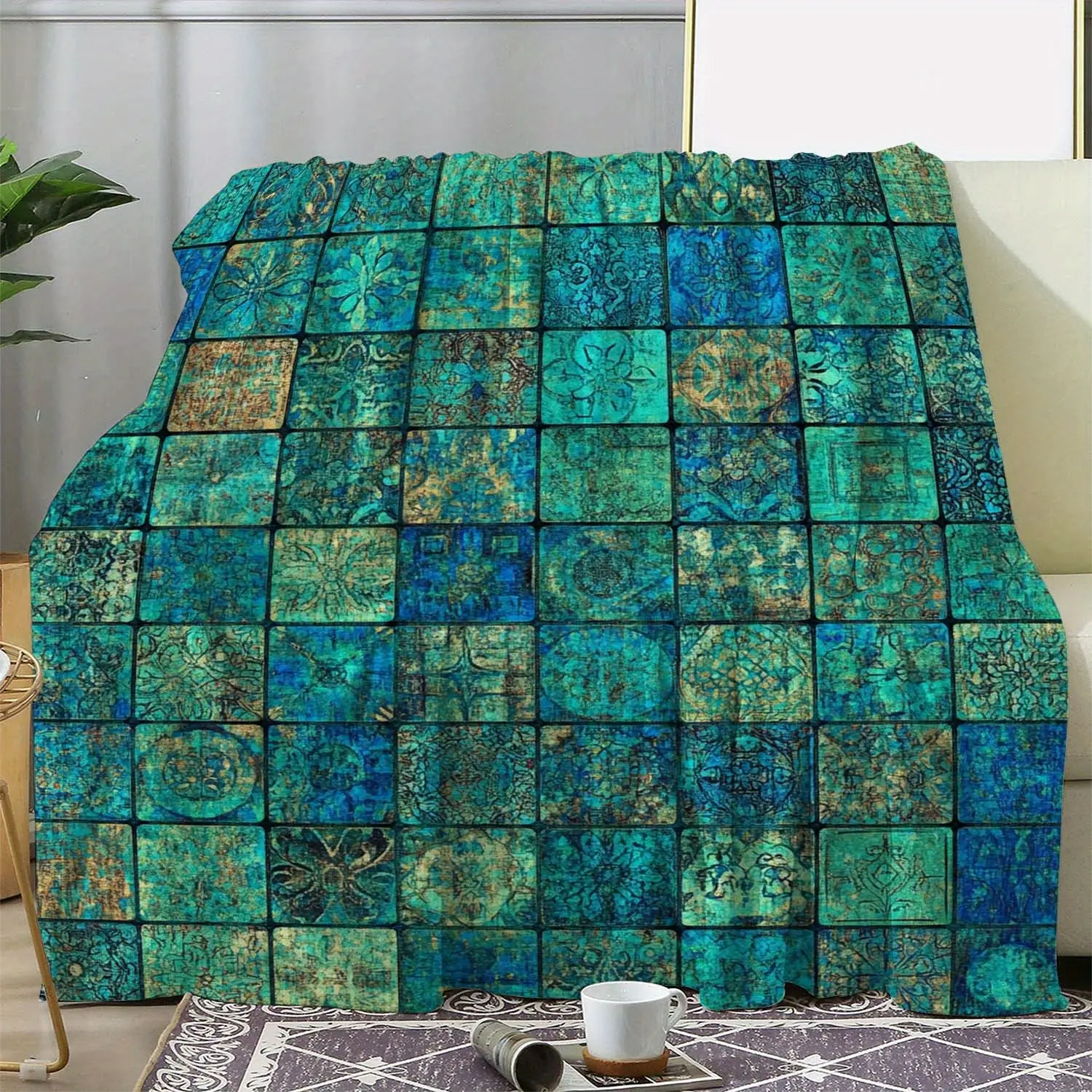 1pc Turquoise Blue-Green Turquoise Mandala Boho Bedspread - Soft Flannel All-Season Lightweight Blanket (250-300g) for Sofa, Bed, Camping & Travel, Teal & Golden Patchwork Design, Cozy Gift - Turquoise Green Golden Brown Beige