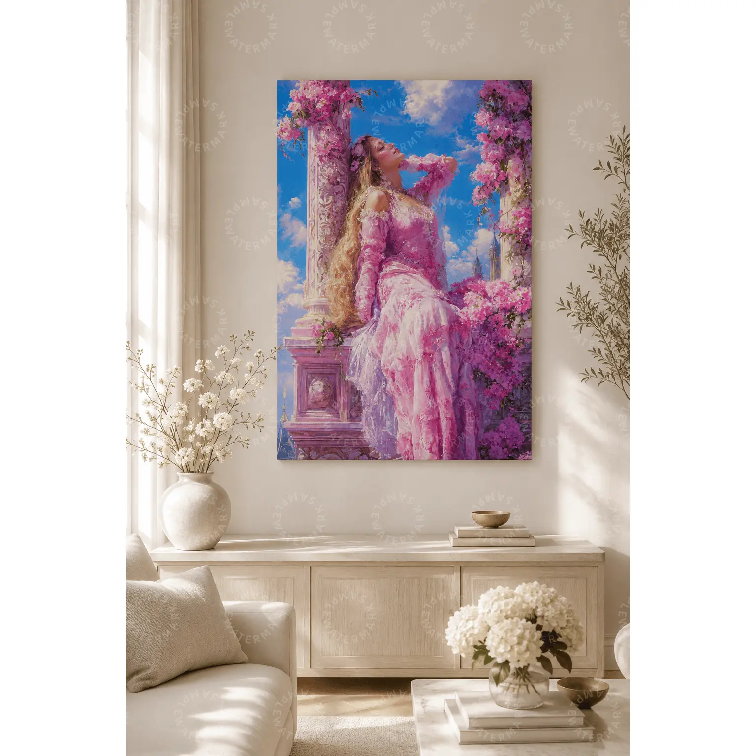 Blush Pink Princess Canvas Poster - Romantic Floral Fantasy Woman Artwork, Decorative Dreamy Look Multi-Size Wall Art for Girl Room Decor, Feminine Cottagecore Fairy Tale Gift