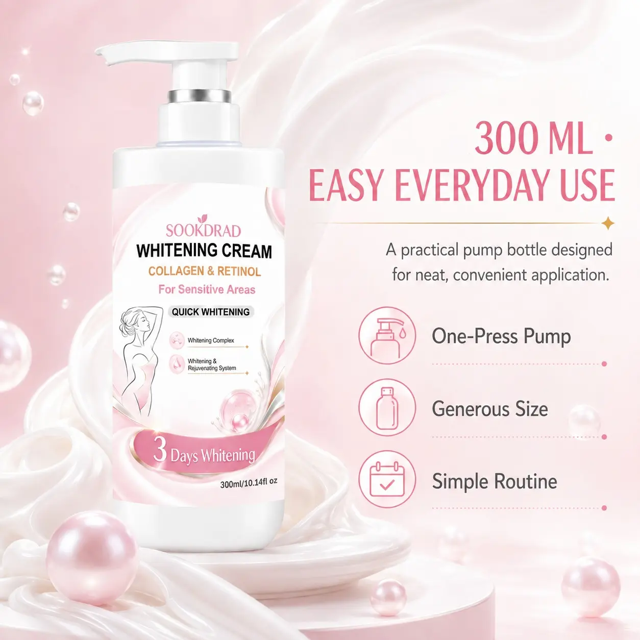 whitening cream, containing collagen, retinol, quick whitening, for sensitive areas, 3 days whitening, 300ml/10.14fl oz