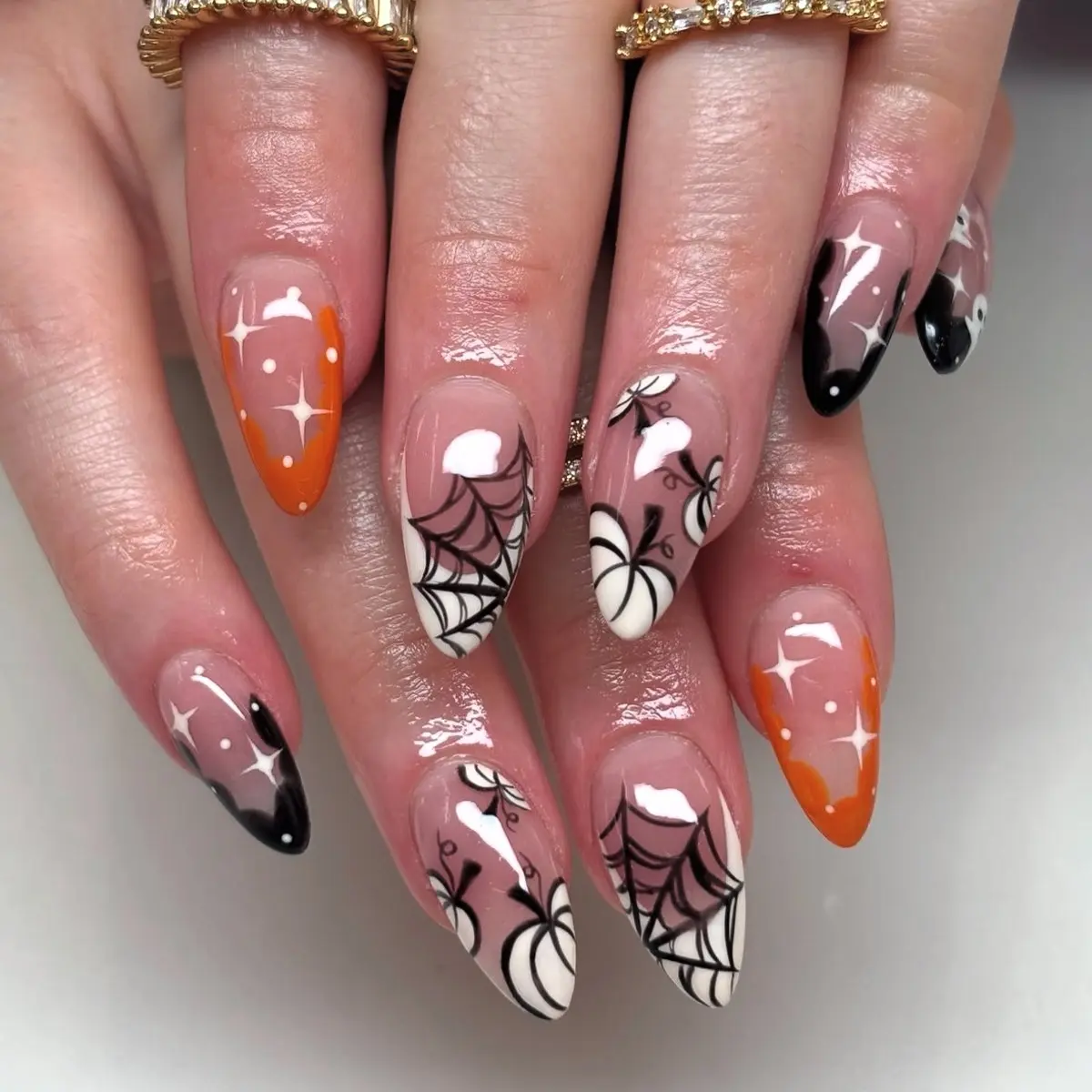 24pcs Halloween Medium Almond Press on Nails, Nude Base, Pumpkin Spider Web, Ghost Star Print, French Tip, Full Cover, Acrylic False Nails Kit, Nail Design