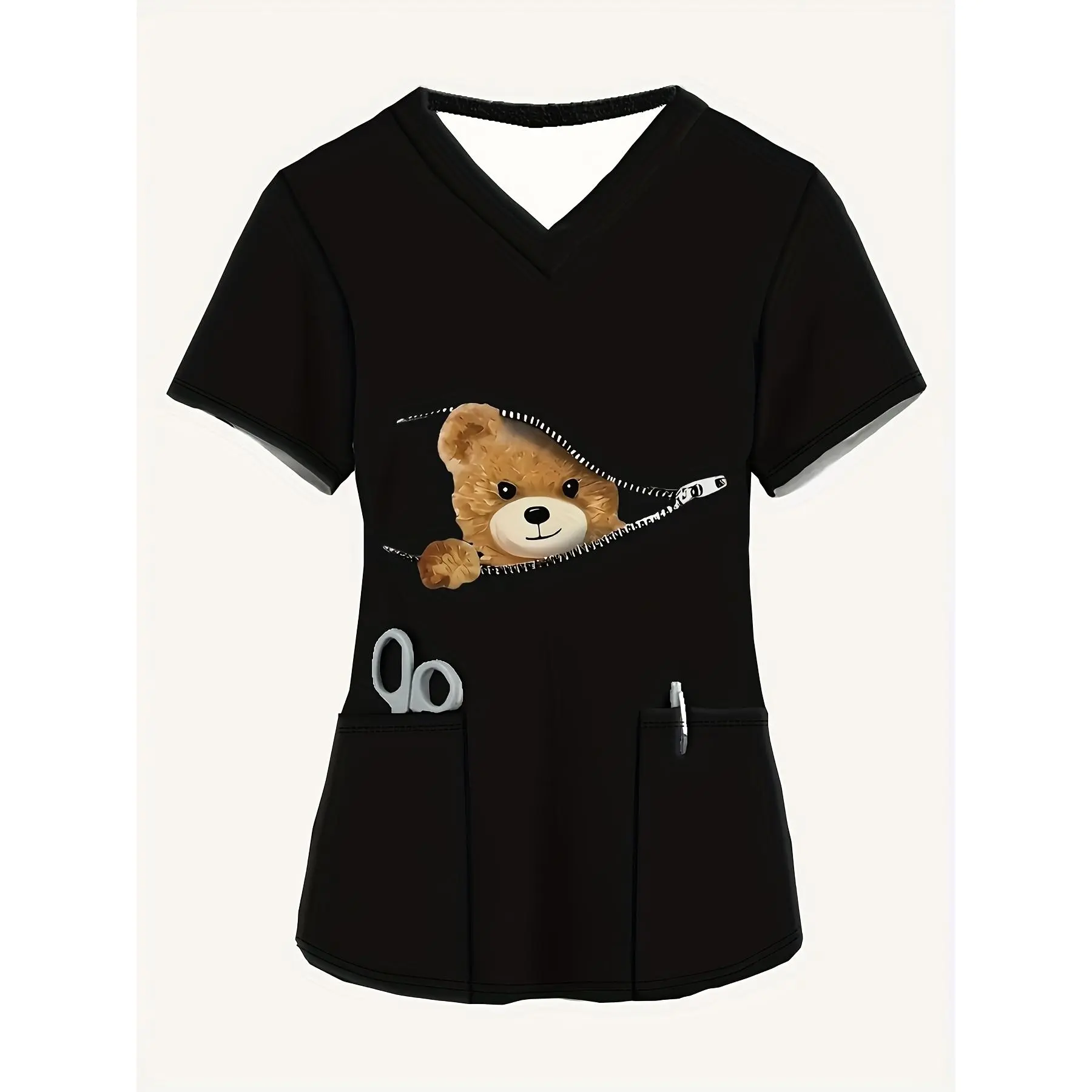 Women's Stylish Short-Sleeve V-Neck Top, Featuring a Black Background with a Zipper And a Cute Bear Print, Designed for Comfort And Practicality As a Nurse Uniform with Pockets